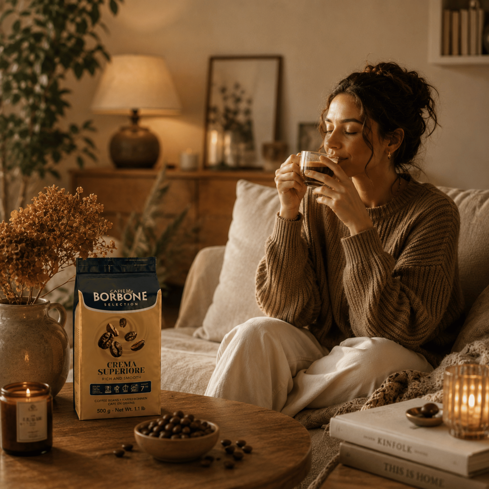 Person enjoying freshly brewed Caffe Borbone Crema Superiore Italian coffee, medium roast 7/10 intensity whole beans for espresso, cappuccino, latte and everyday home coffee brewing