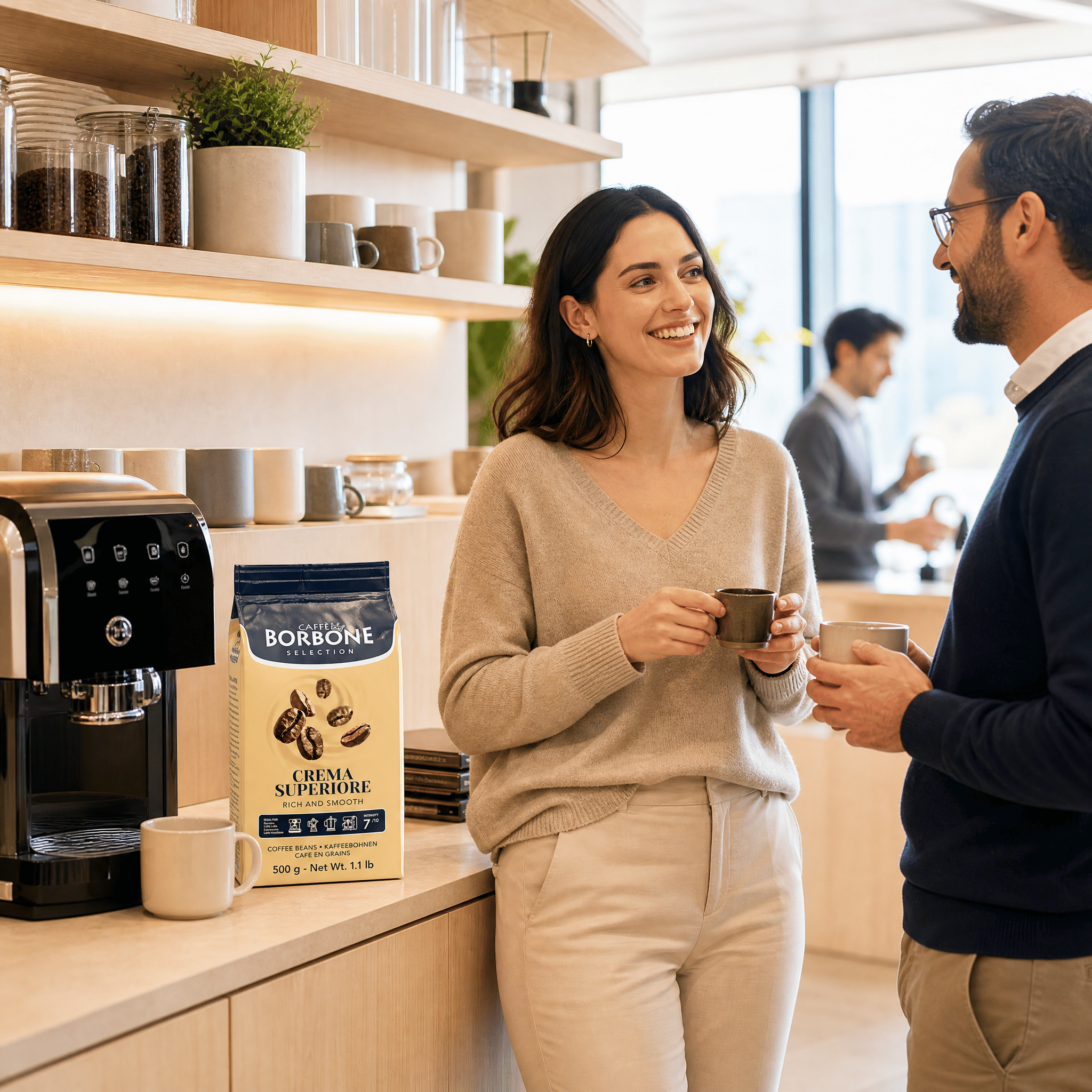 Caffe Borbone Crema Superiore Whole Coffee Beans 500g in a professional café, hotel or office setting, smooth Italian coffee for commercial espresso machines, hospitality and workplace coffee service