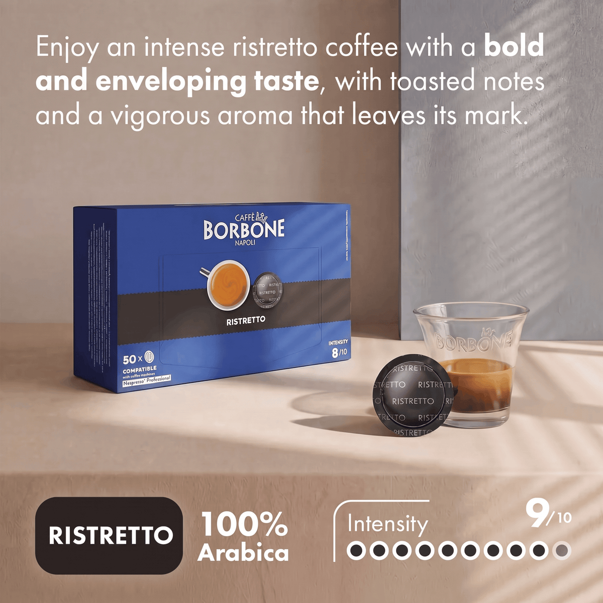 Caffe Borbone Ristretto Dark Roast Italian Coffee Capsules Taste Profile and Intensity 9 out of 10 for Home and Office Coffee Garden State Coffee Singapore