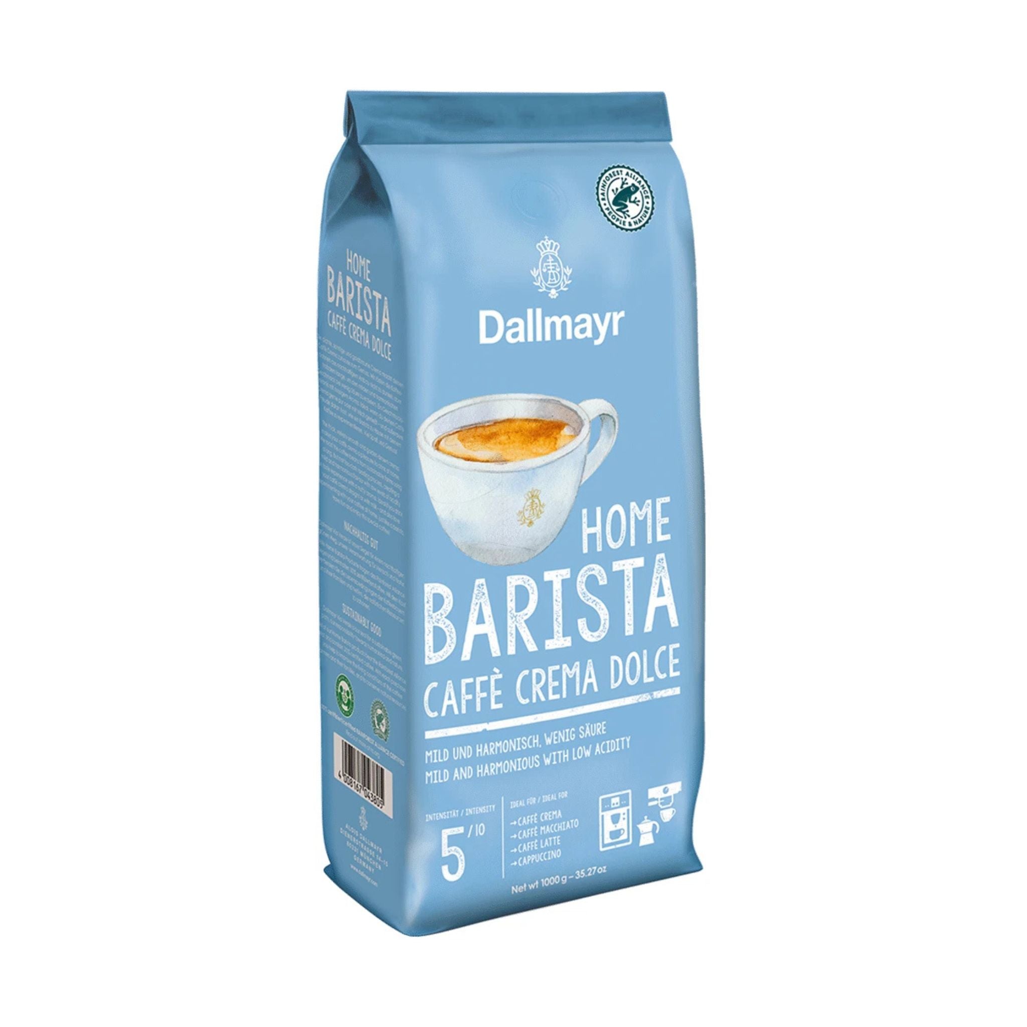 GardenState, Dallmayr Home Barista Caffe Crema Dolce whole coffee beans, medium roast with 5/10 intensity, low acidity, nutty aroma, perfect for crema, latte, cappuccino, and B2B coffee solutions.