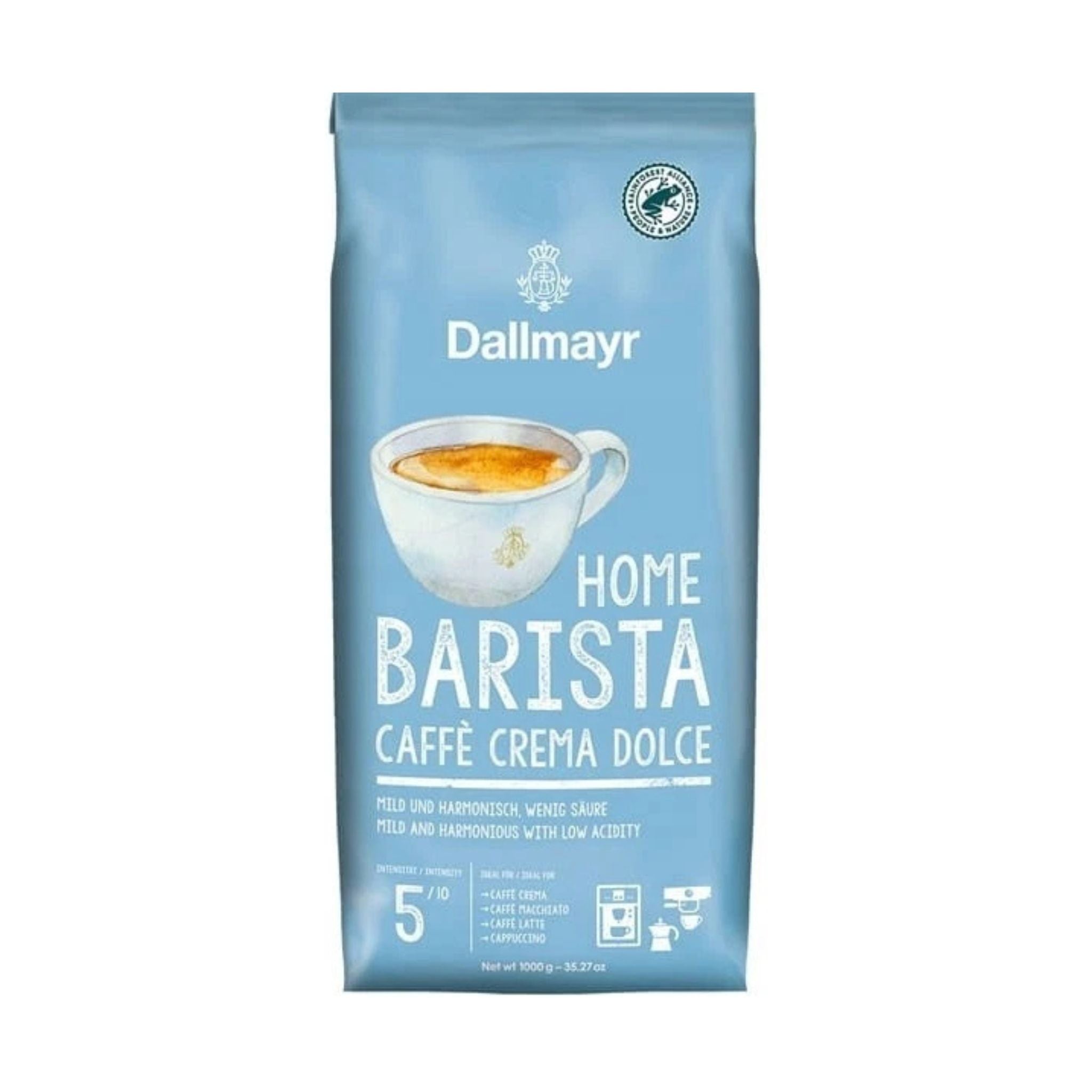 GardenState, Dallmayr Home Barista Caffe Crema Dolce whole coffee beans, medium roast with 5/10 intensity, low acidity, nutty aroma, perfect for crema, latte, cappuccino, and B2B coffee solutions.