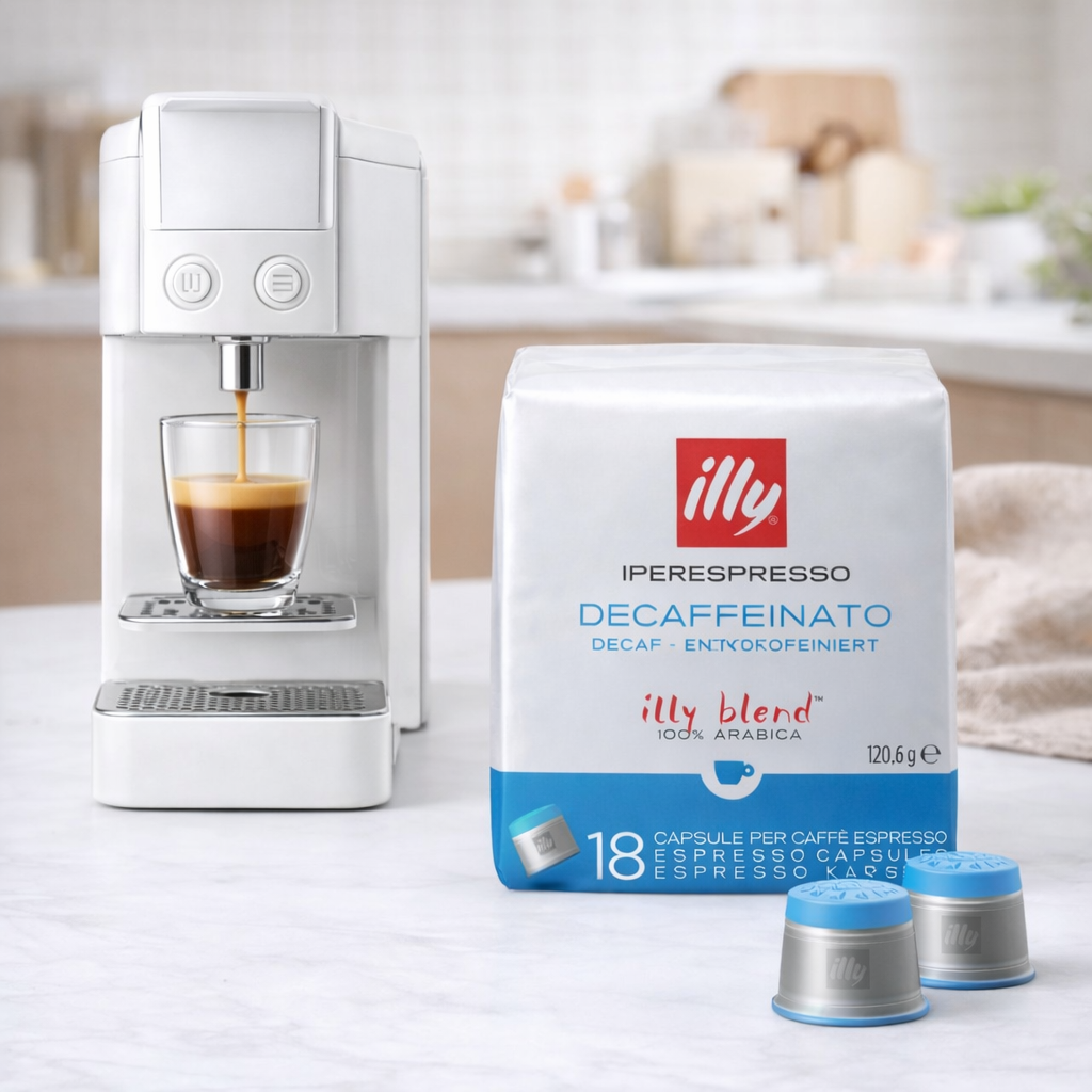 GardenState, Illy Iperespresso Classico Decaf Capsules pack of 18, medium roast intensity 5/9. Smooth and balanced decaf espresso with notes of caramel, orange blossom, and jasmine.