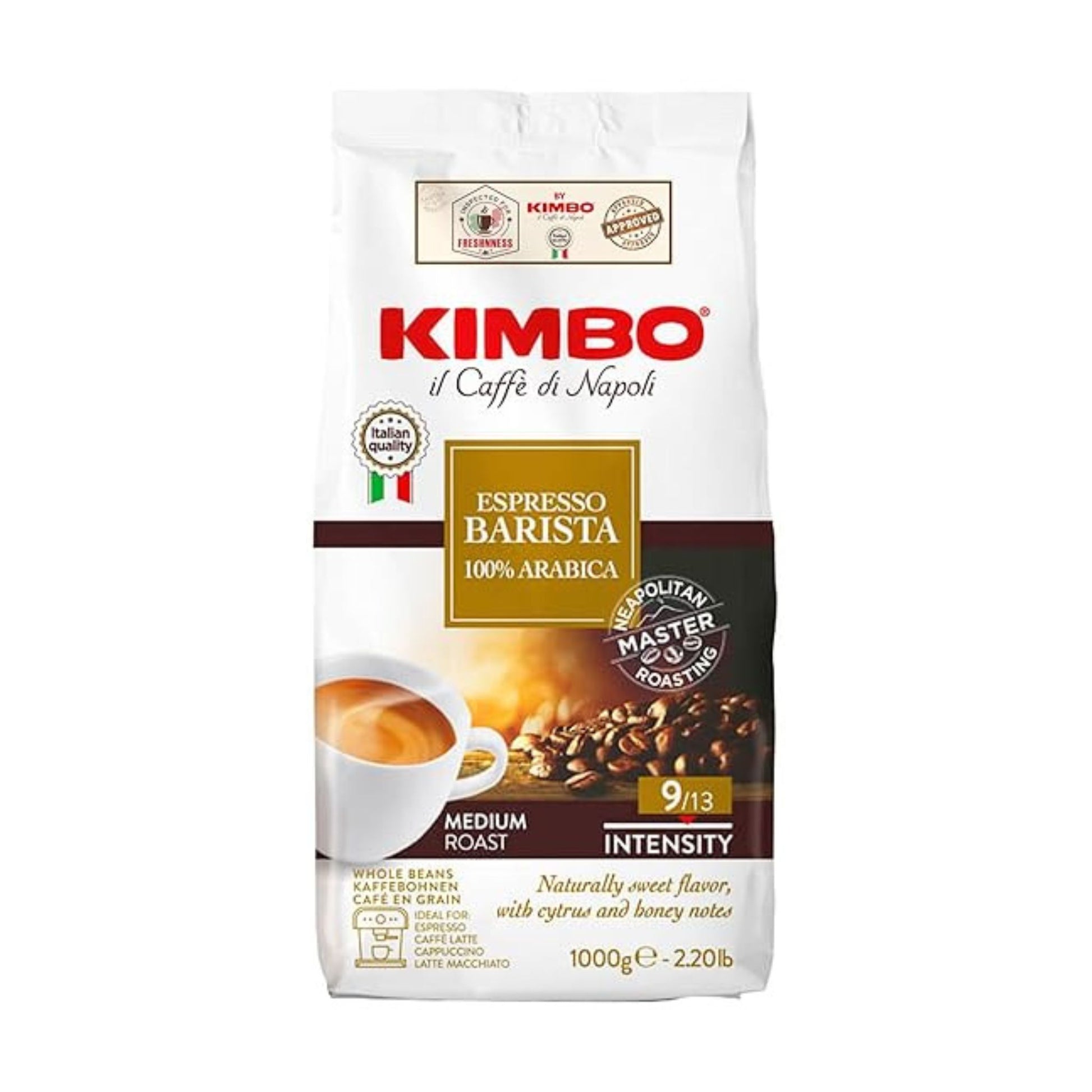 GardenState, Kimbo Espresso Barista 1kg Whole Arabica Beans – medium roast, 9/13 intensity with floral aroma, sweet toasted notes, ideal for espresso and milk-based coffee drinks.