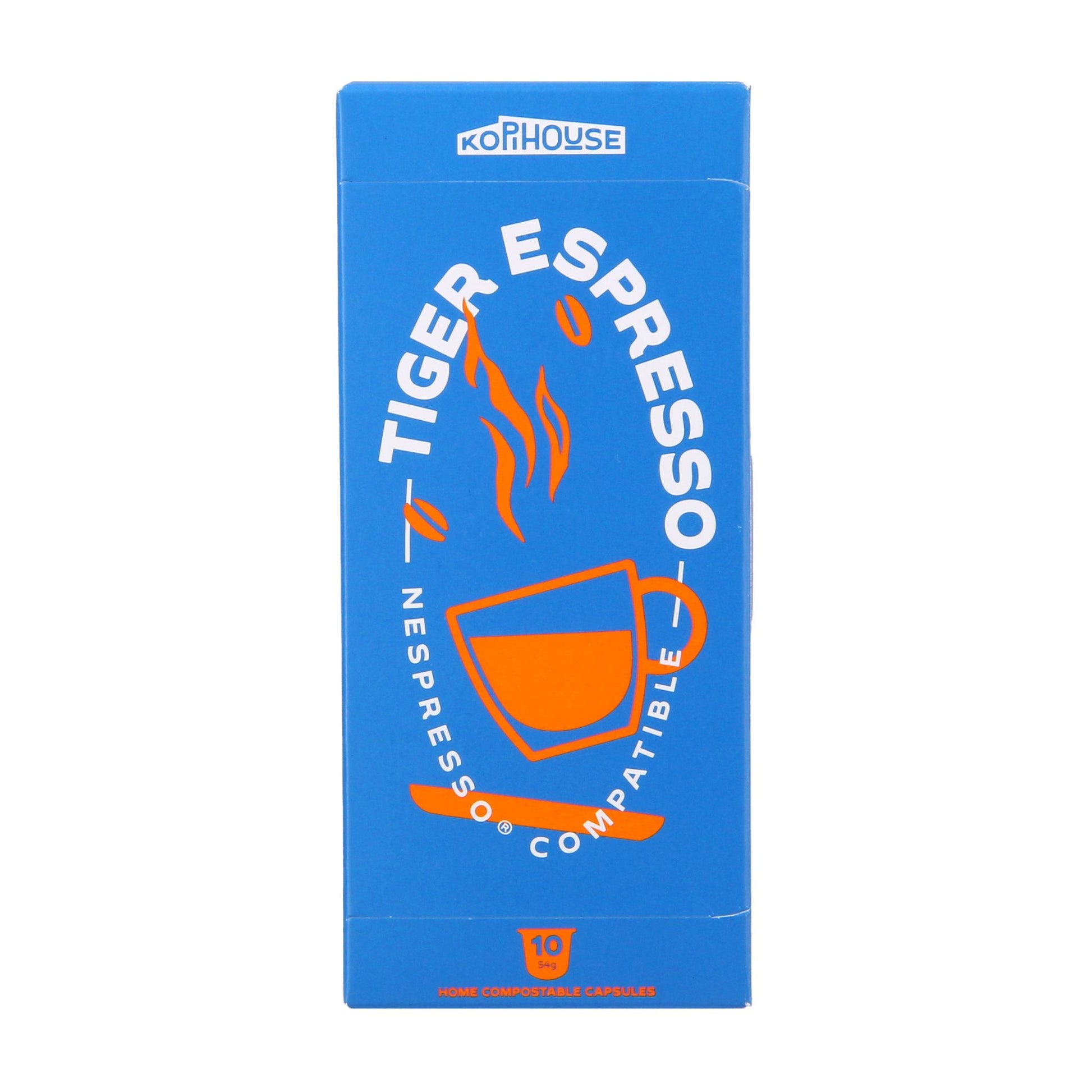 GardenState, KopiHouse Tiger Espresso – 10 Nespresso® compatible capsules with a bold dark roast. Full-bodied espresso with chocolate, caramel, and hazelnut notes. Rich, intense, and smooth.