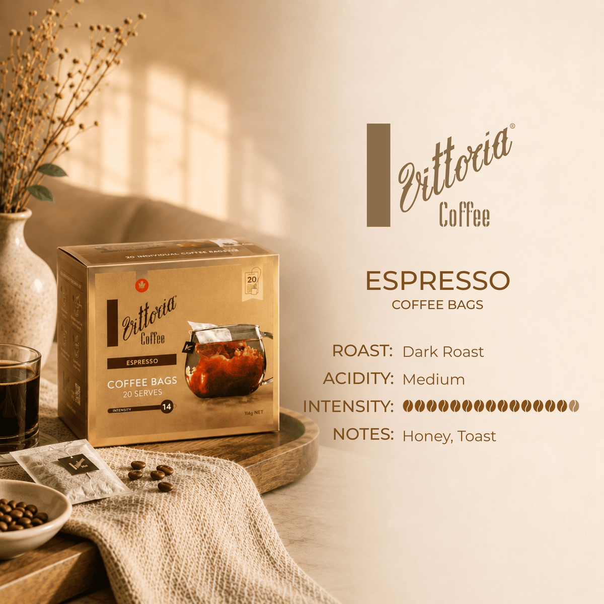 Vittoria Espresso Coffee Bags product information, Dark Roast Intensity 14/15 with honey and toast tasting notes, 20 individual coffee bags