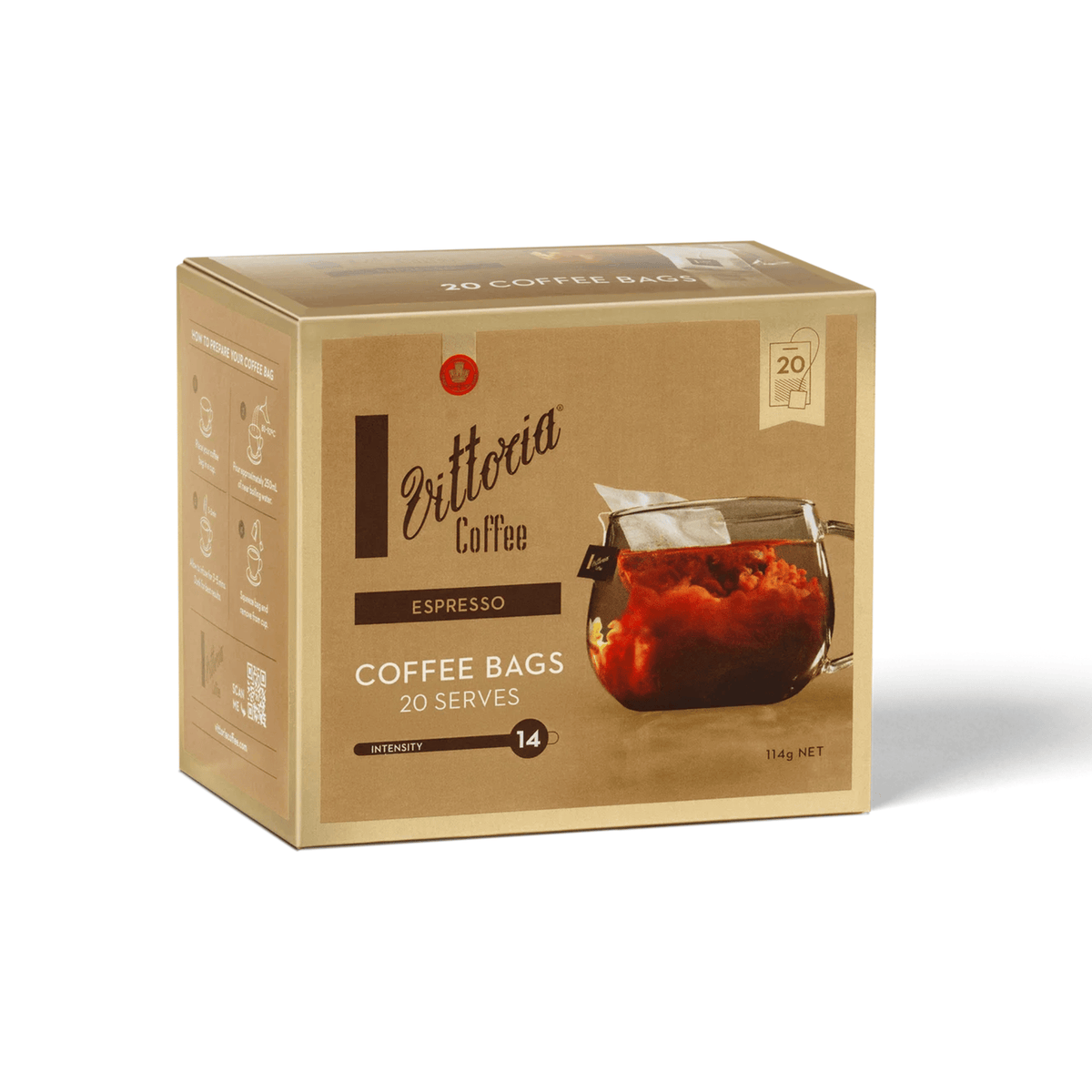 Side view of Vittoria Espresso Coffee Bags 20 individual coffee bags, Dark Roast 14/15 intensity, convenient single serve coffee for offices and home