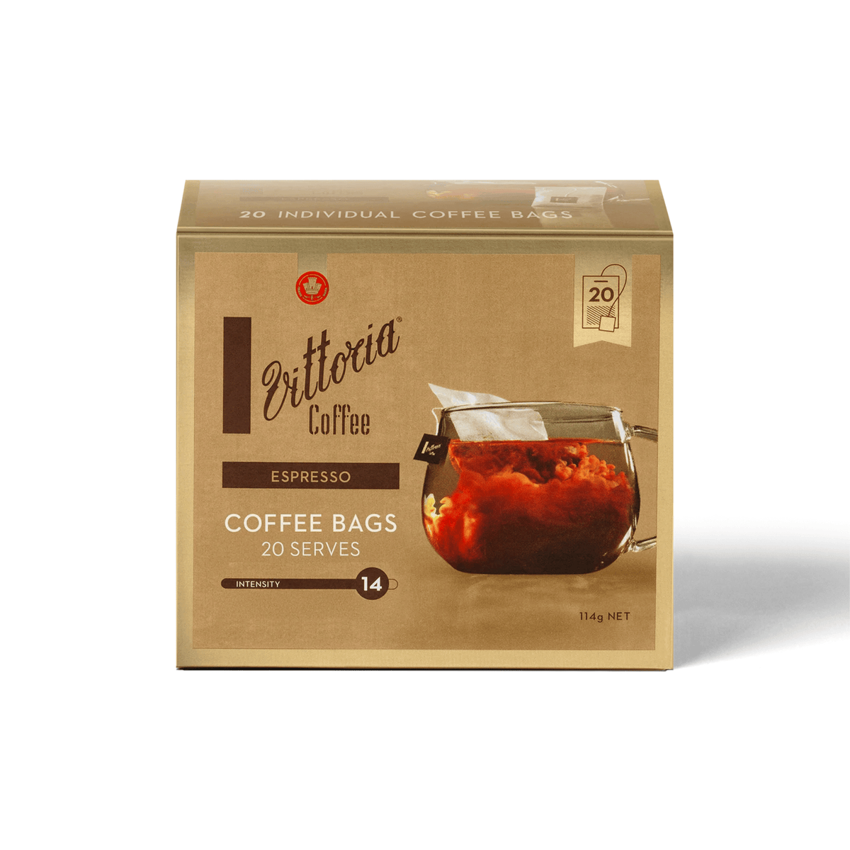 Vittoria Espresso Coffee Bags 20pcs, Dark Roast Coffee Intensity 14/15, Italian coffee bags for home, office, café and hospitality use