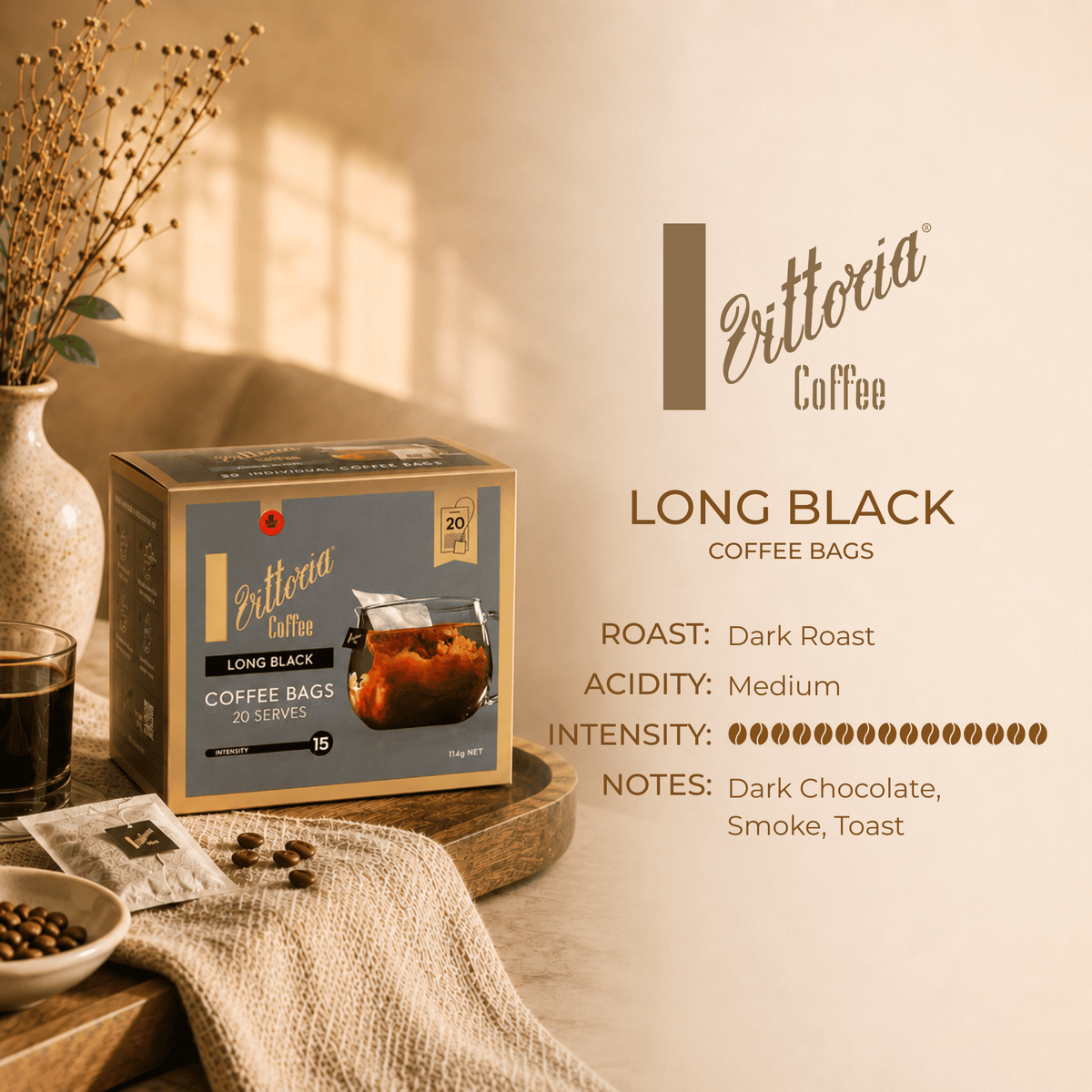 Vittoria Long Black Coffee Bags product information, Dark Roast Intensity 15/15 with dark chocolate, smoky and toast tasting notes, 20 individual coffee bags
