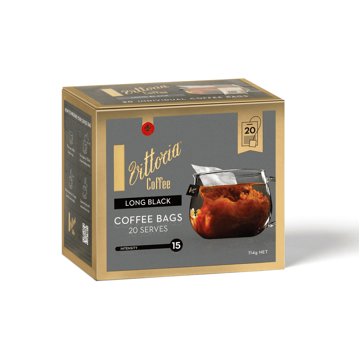 Side view of Vittoria Long Black Coffee Bags 20 individual coffee bags, Dark Roast 15/15 intensity, convenient strong coffee for offices and home