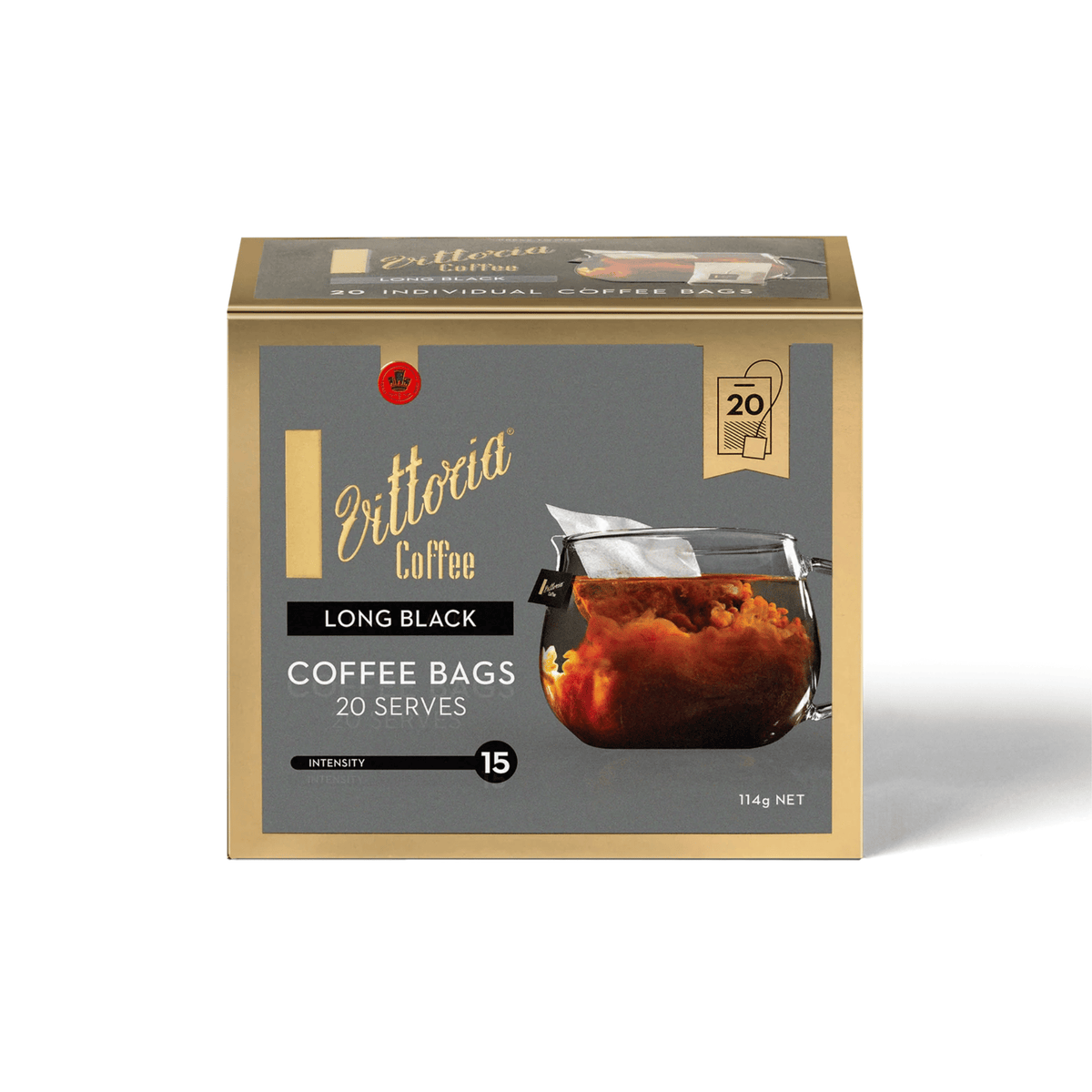 Vittoria Long Black Coffee Bags 20pcs, Dark Roast Coffee Intensity 15/15, strong Italian coffee bags for home, office, café and hospitality use