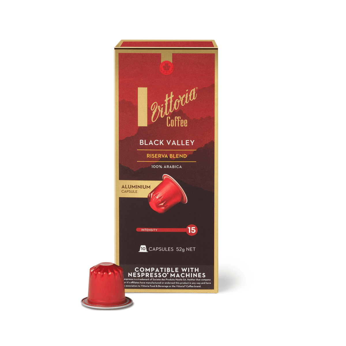 Vittoria Coffee Black Valley Riserva Blend Nespresso Compatible Capsules 10 pack, Dark Roast 15/15 Intensity, bold Italian style coffee for espresso lovers
