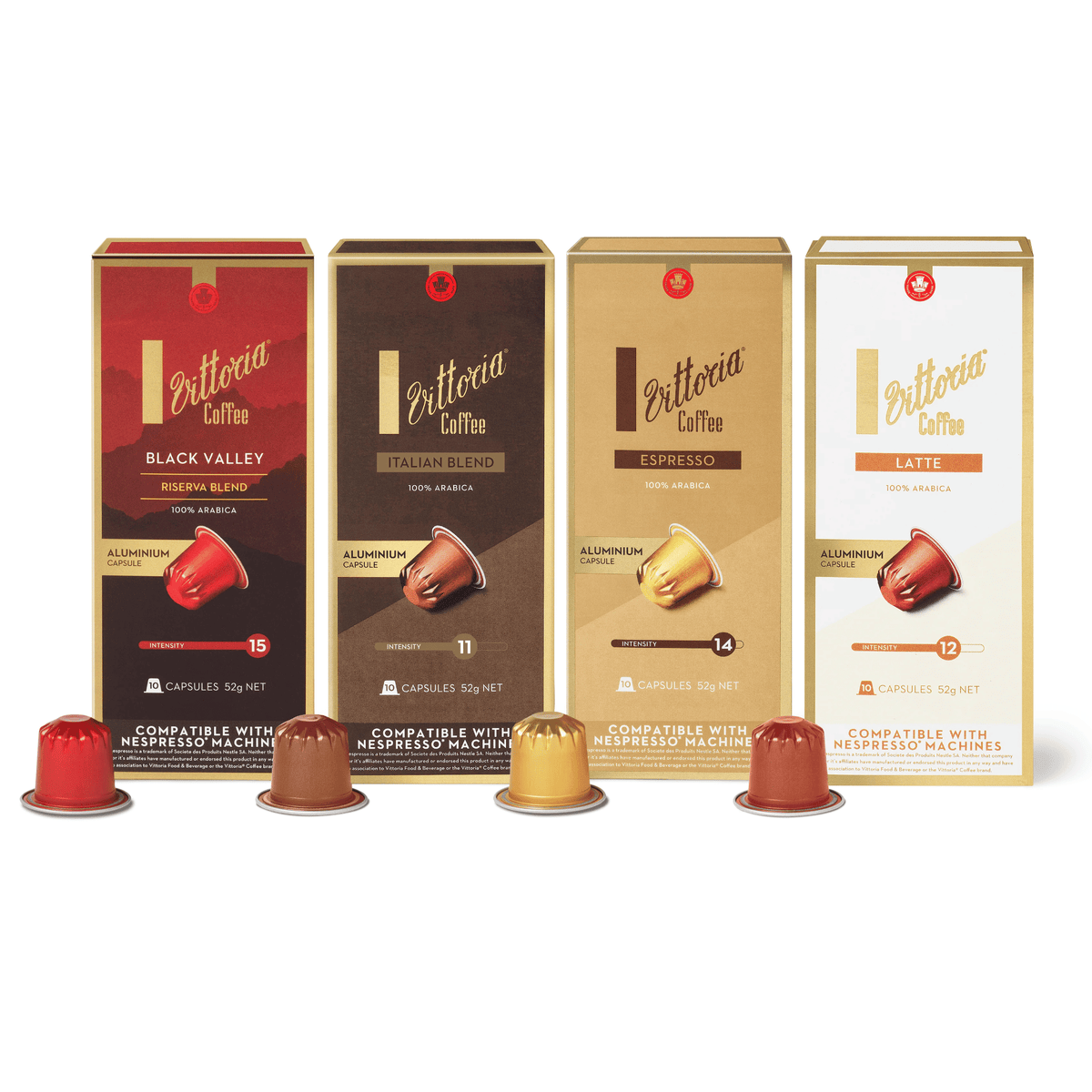Vittoria Coffee Nespresso Original Compatible Capsules 4 Italian coffee blends including Black Valley Riserva, Espresso, Latte and Italian Blend with intensities from 11/15 to 15/15