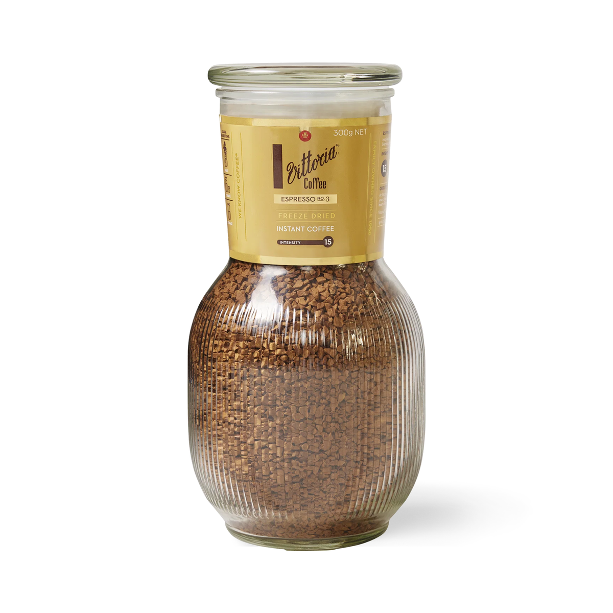 Vittoria Coffee Espresso No.3 Instant Freeze-Dried Coffee 300g, dark roast instant coffee with 15/15 intensity in glass jar