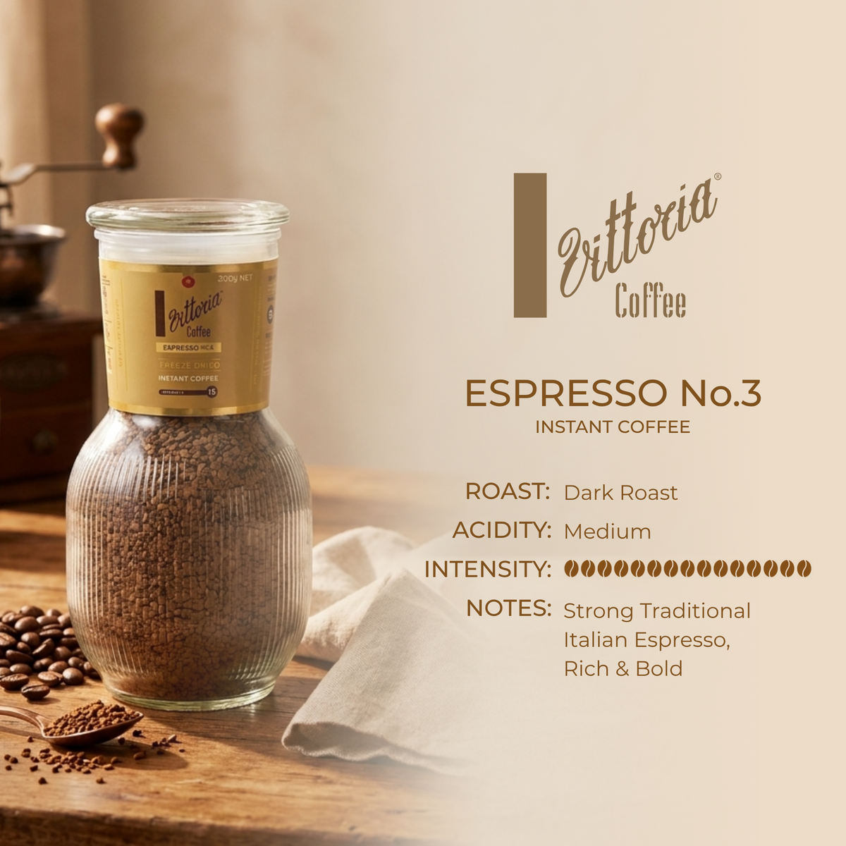 Vittoria Coffee Espresso No.3 300g freeze-dried instant coffee product information, dark roast, 15/15 intensity and coffee preparation