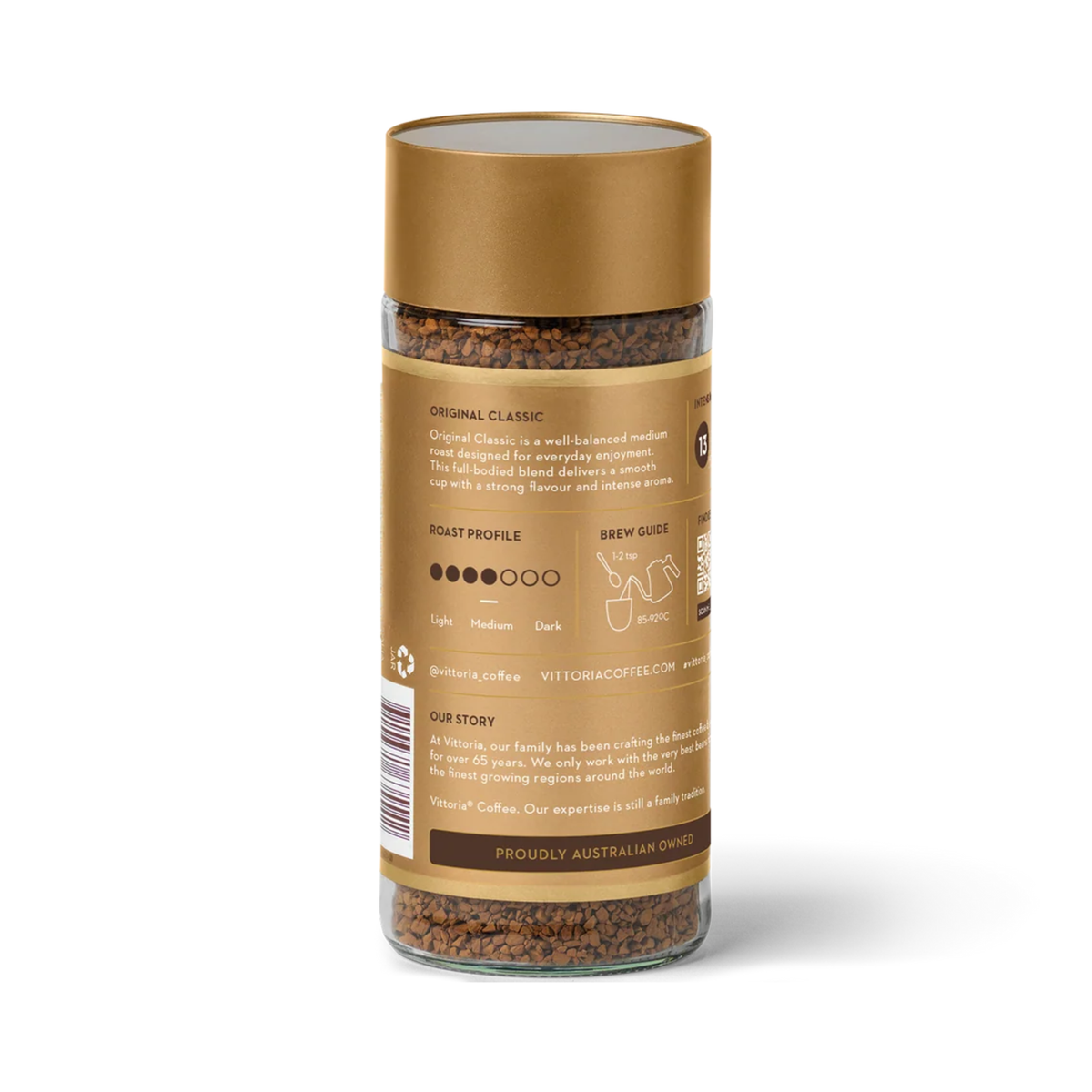 Vittoria Original Classic Instant Coffee 100g back packaging, freeze-dried medium roast coffee, 13/15 intensity with product and preparation information