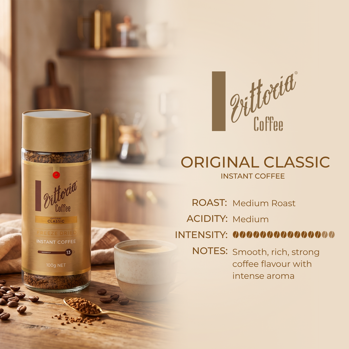 Vittoria Coffee Original Classic 100g freeze-dried instant coffee product information, Medium Roast, 13/15 Intensity, rich and aromatic coffee for convenient preparation
