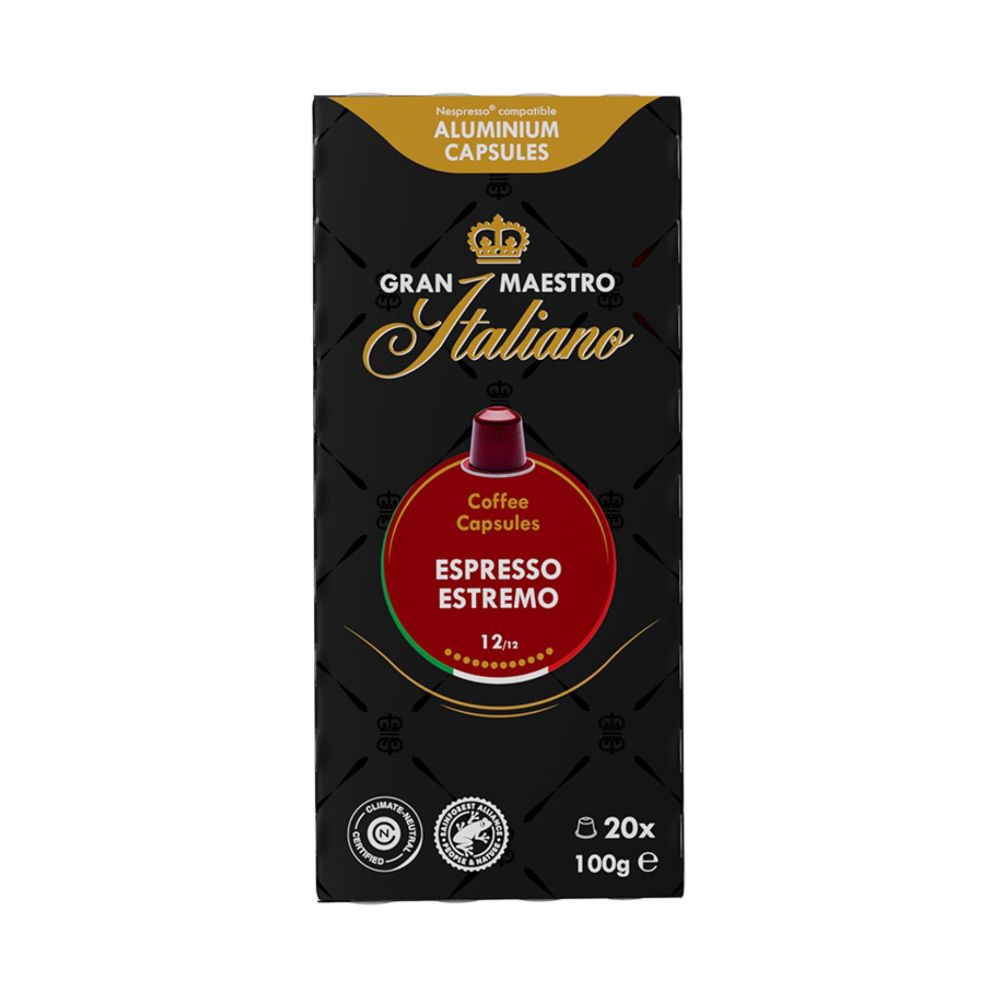 GardenState, Box of Gran Maestro Italiano Espresso Estremo – 20 Nespresso Original Compatible Coffee Capsules with 12/12 intensity, bold Italian roast, ideal for strong espresso and milk-based coffee drinks.