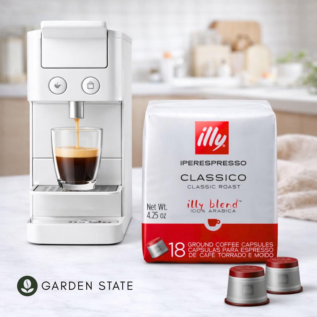 GardenState, Illy Iperespresso Classico Espresso Capsules, medium roast, 18 pack, smooth and balanced taste with notes of caramel, orange blossom, and jasmine.