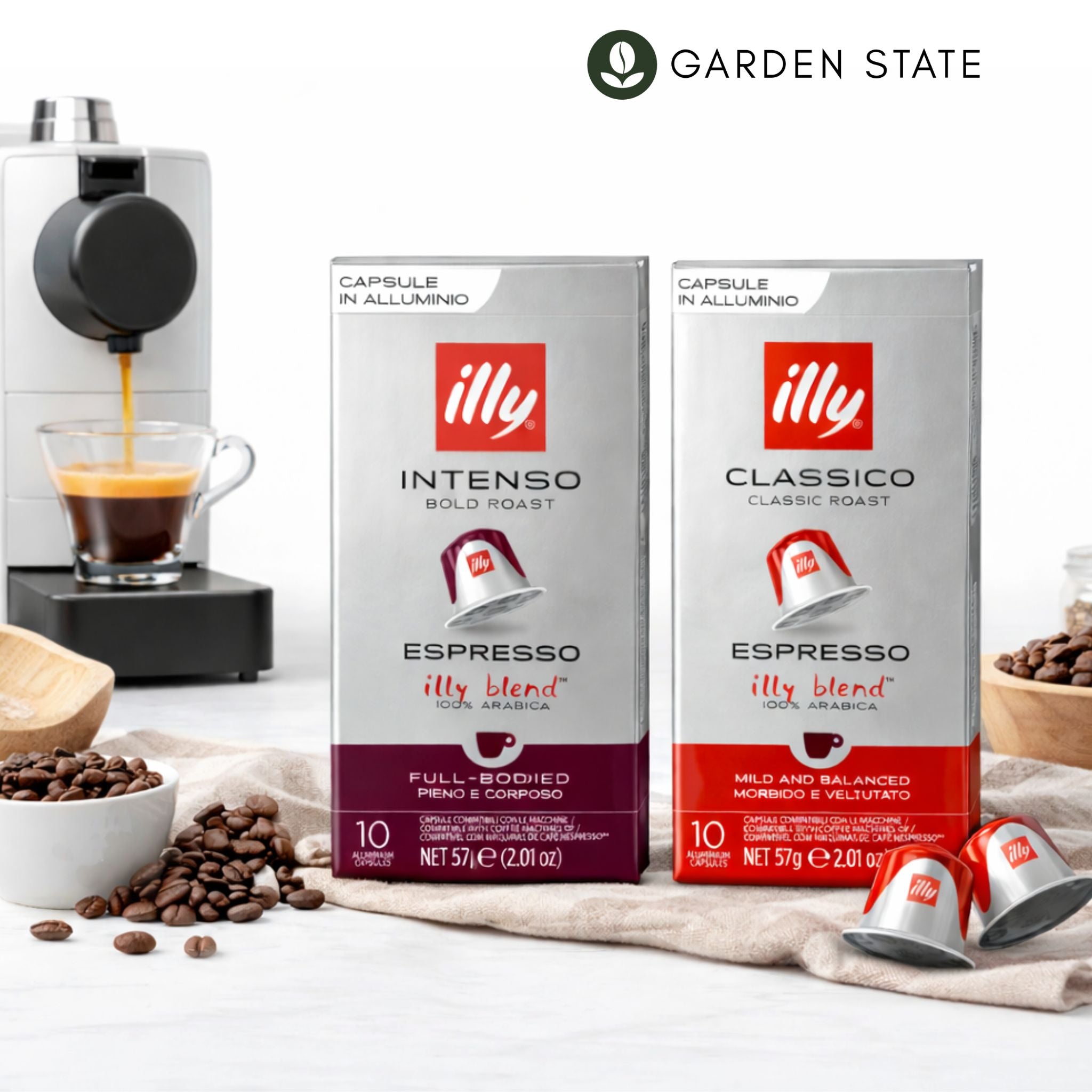 GardenState, b2b coffee supplier,  Illy Classico and Intenso Nespresso-compatible coffee capsules pack of 10. Ideal for office or horeca use.