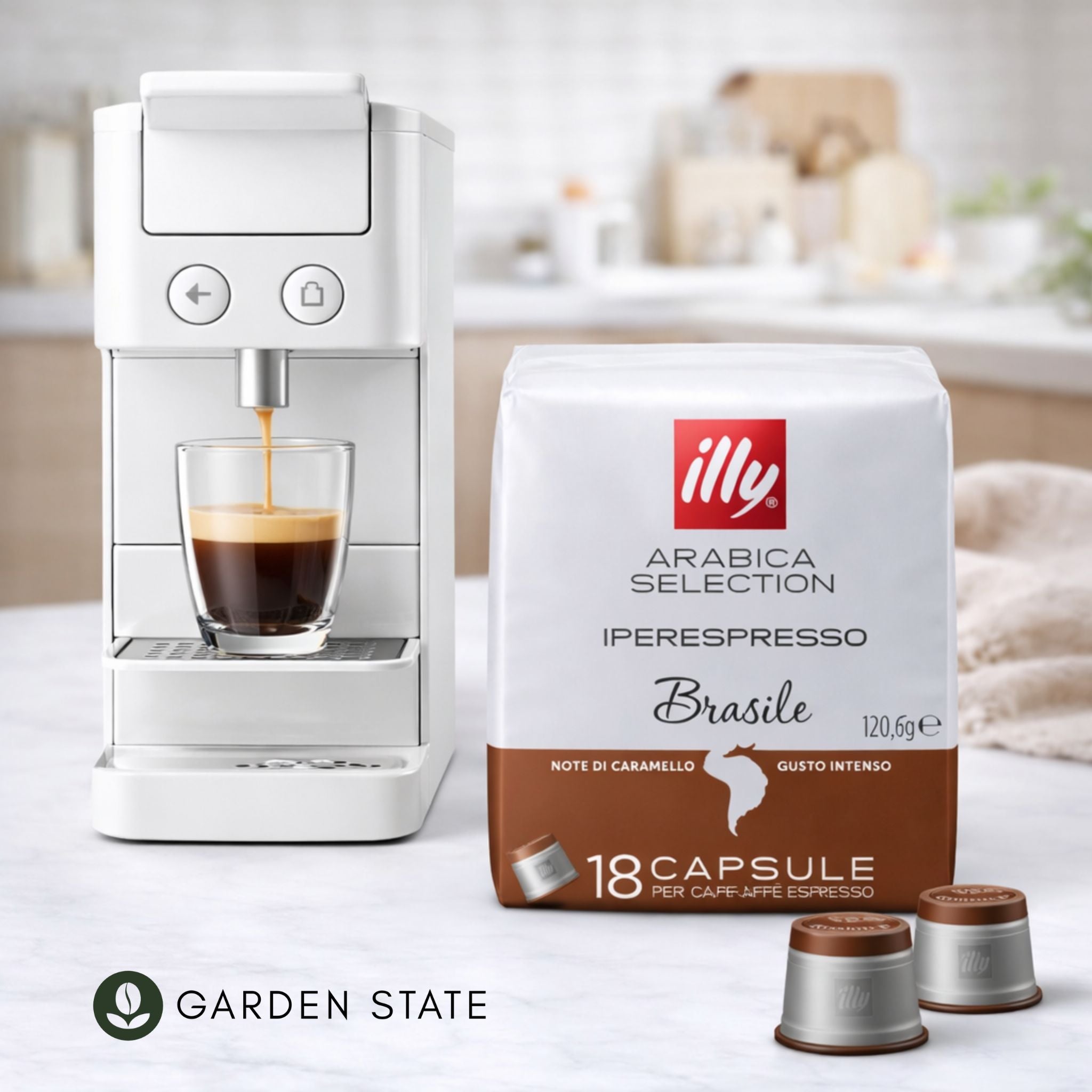 gardenstate Illy Iperespresso Brasile Capsules pack of 18. Medium roast, intensity 5/9, with balanced taste and notes of caramel and dried fruit. Compatible with illy iperEspresso machines.