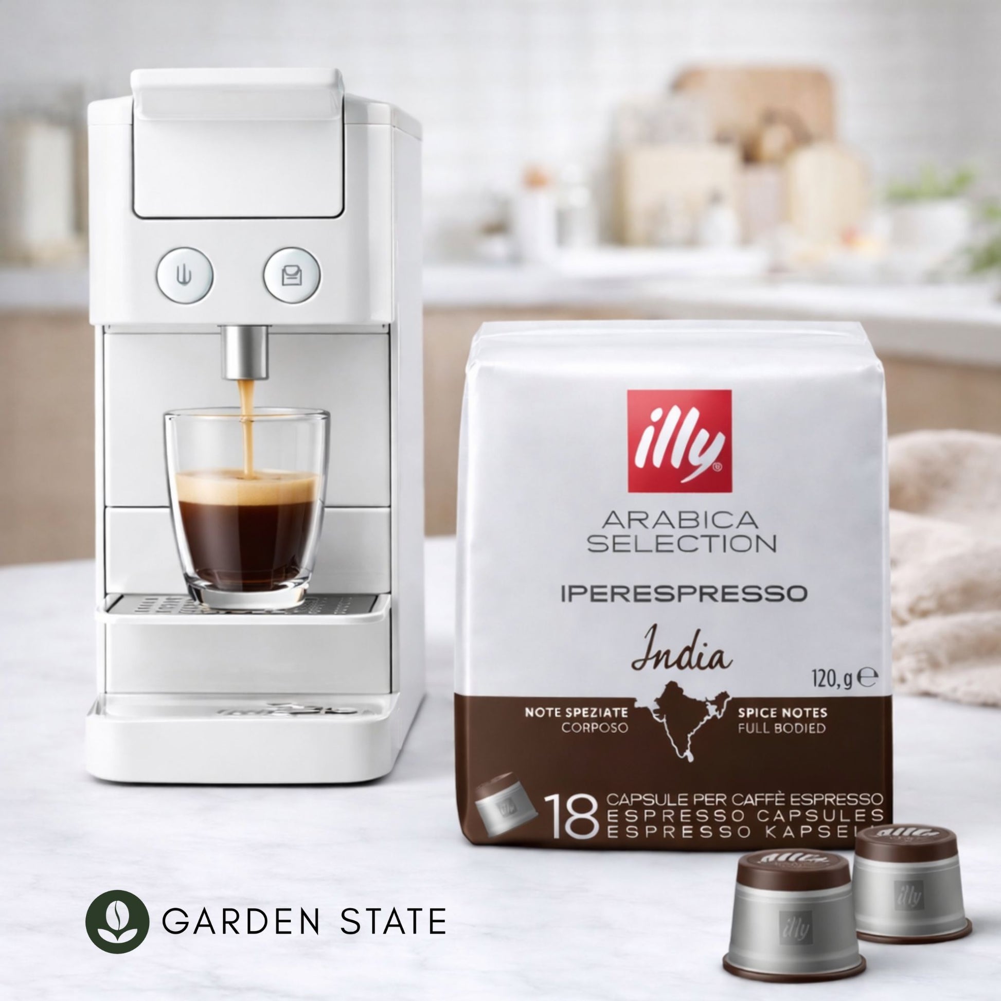 GardenState, Illy Iperespresso India Capsules pack of 18. Dark roast intensity 8/9 with full-bodied espresso, intense aroma, and notes of pepper and dark chocolate. Compatible with illy iperEspresso machines.