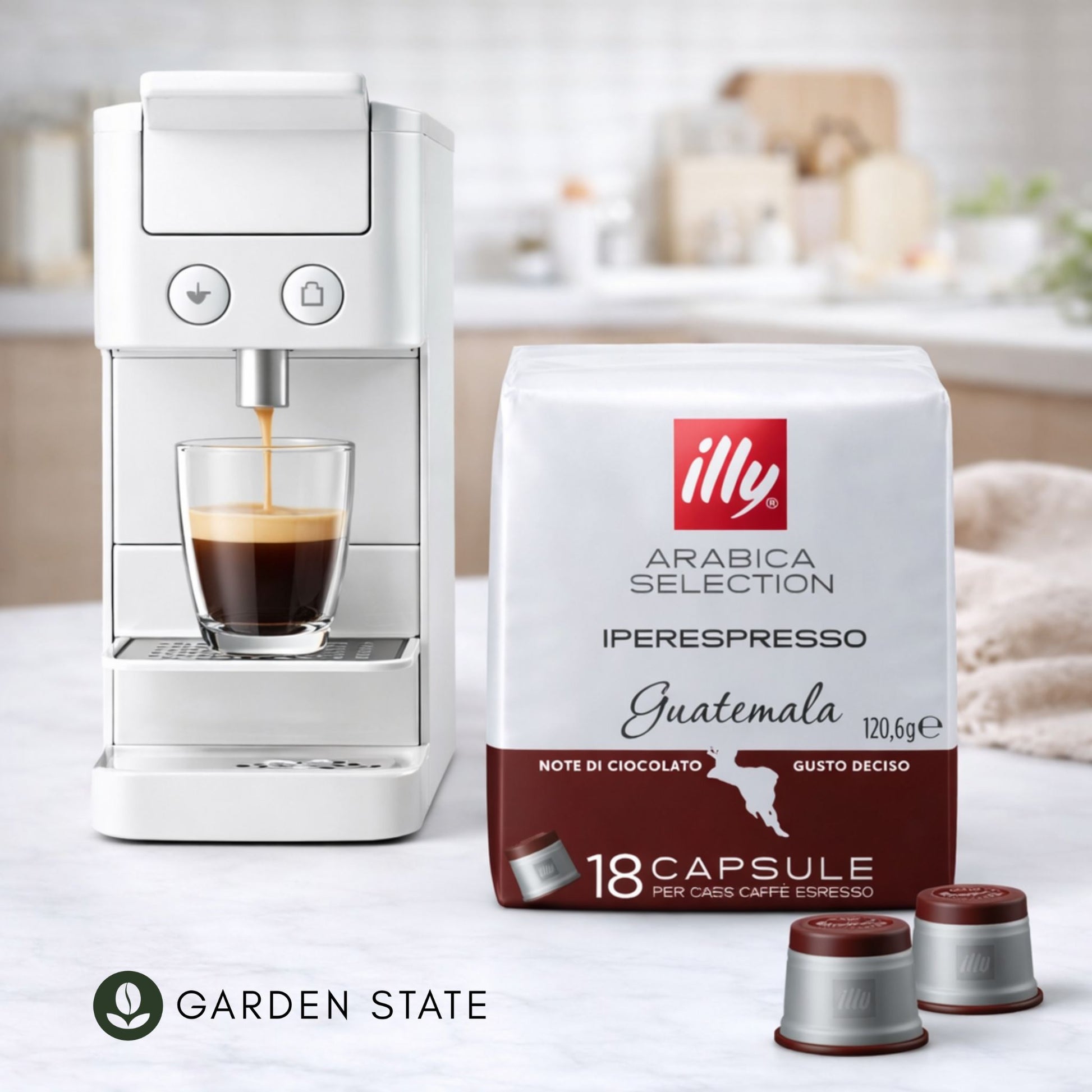 gardenstate Illy Iperespresso Guatemala Capsules pack of 18. Roast intensity 6/9 with bold, full-bodied flavor, slight bitterness and rich chocolate notes. Compatible with illy iperEspresso machines.