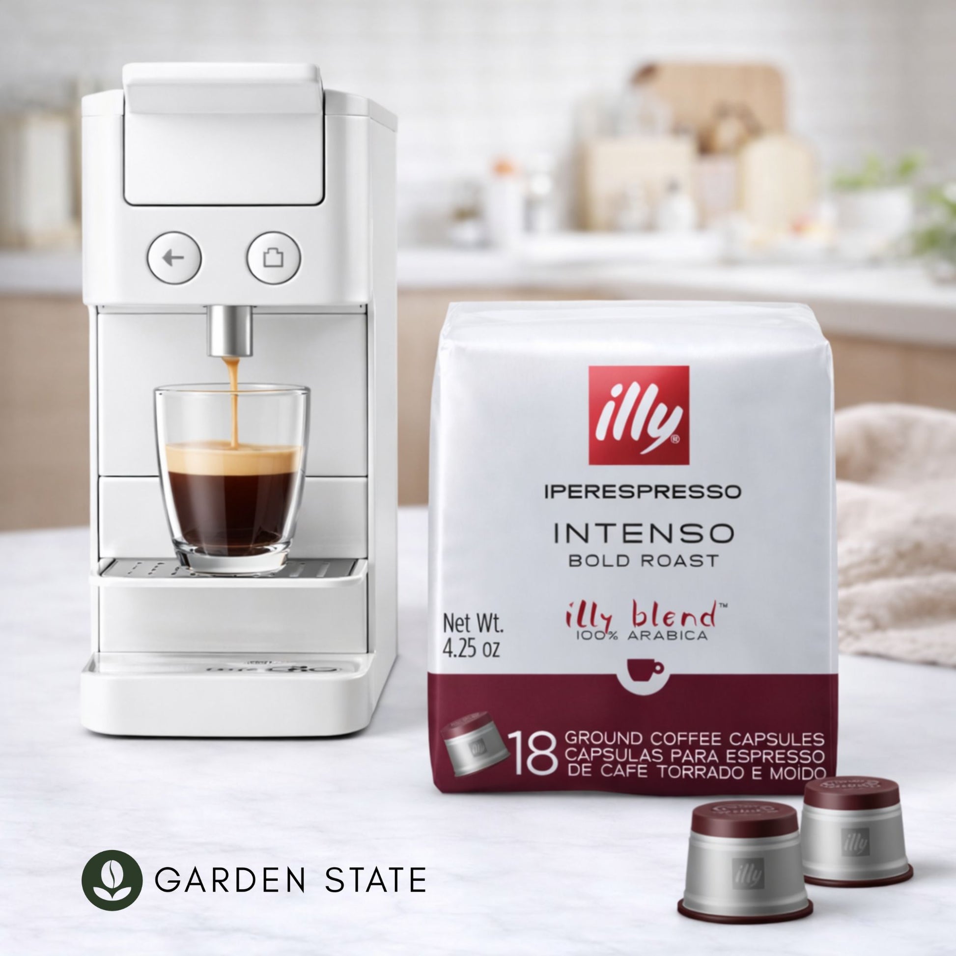 GardenState, Illy Iperespresso Intenso Espresso Capsules pack of 18. Dark roast 100% Arabica coffee with bold, full-bodied flavor, cocoa and dried fruit notes, for illy iperEspresso machines.