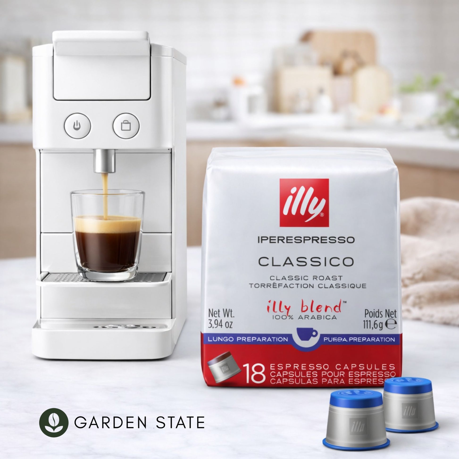 GardenState, Illy Iperespresso Classico Lungo Capsules Medium Roast – 18 pack. Smooth lungo coffee with caramel, jasmine, and orange blossom notes. Compatible with illy iperEspresso machines.