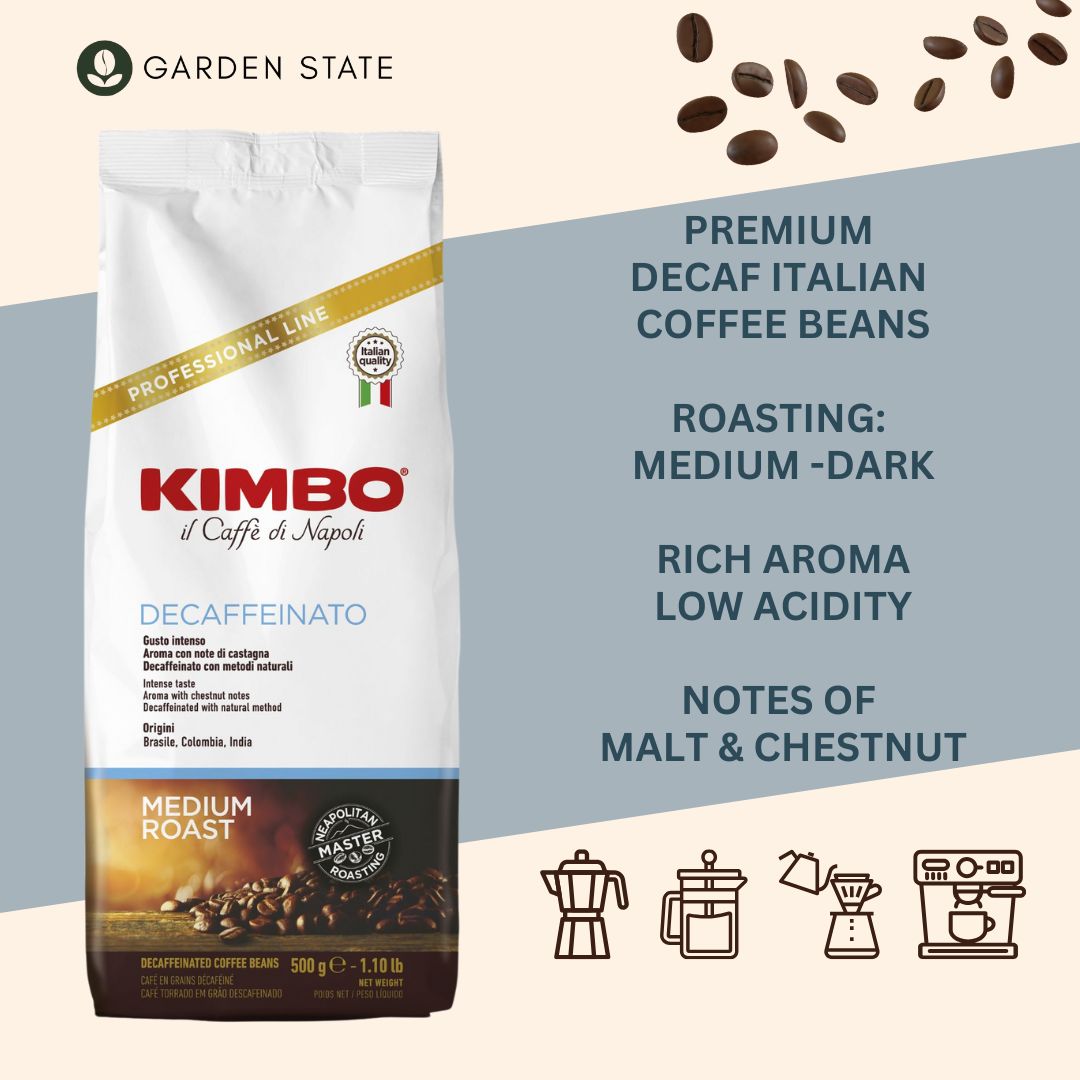 GardenState, Kimbo Decaffeinato whole coffee beans 500g bag, medium roast, CO² decaffeinated, full-bodied aroma with notes of chocolate and malt, Italian espresso style.