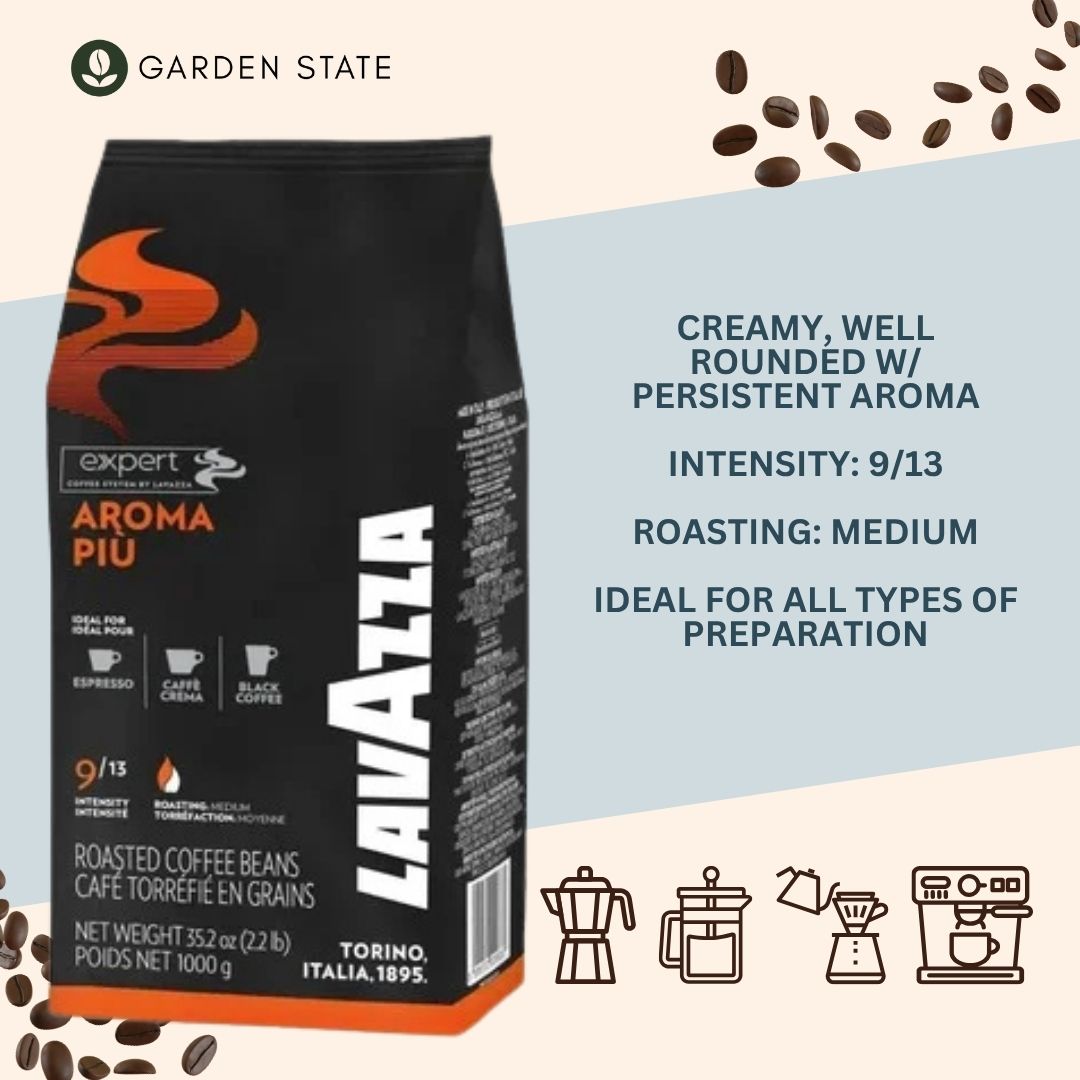 GardenState, Lavazza Expert Aroma Più 1kg – Medium roast whole beans with notes of honey and almond, velvety crema, and a smooth finish. Ideal for espresso, café crema, or black coffee in cafés or offices.