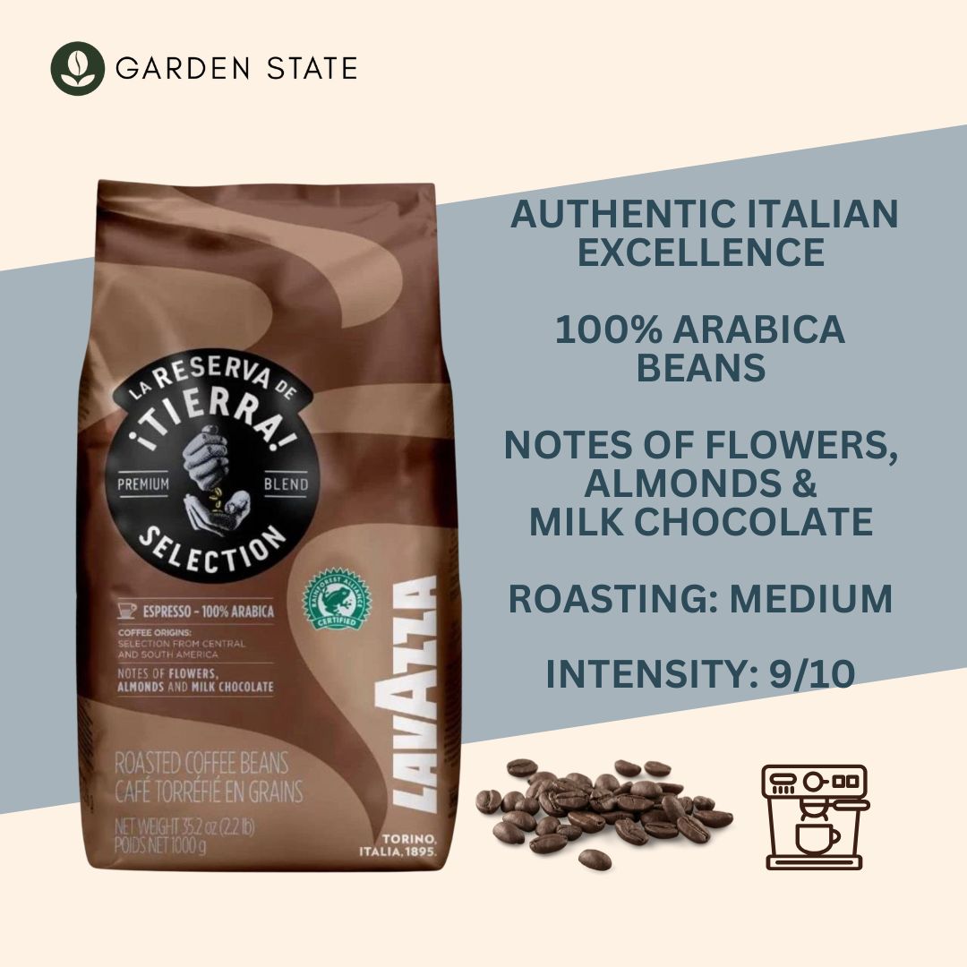 GardenState, Lavazza La Reserva de Tierra Selection (1kg) – 100% Arabica Whole Beans, Medium Roast (9/10). Aromatic notes of jasmine, almonds & milk chocolate. Expertly roasted in Italy for a smooth, balanced espresso. Ideal for cafés & offices.