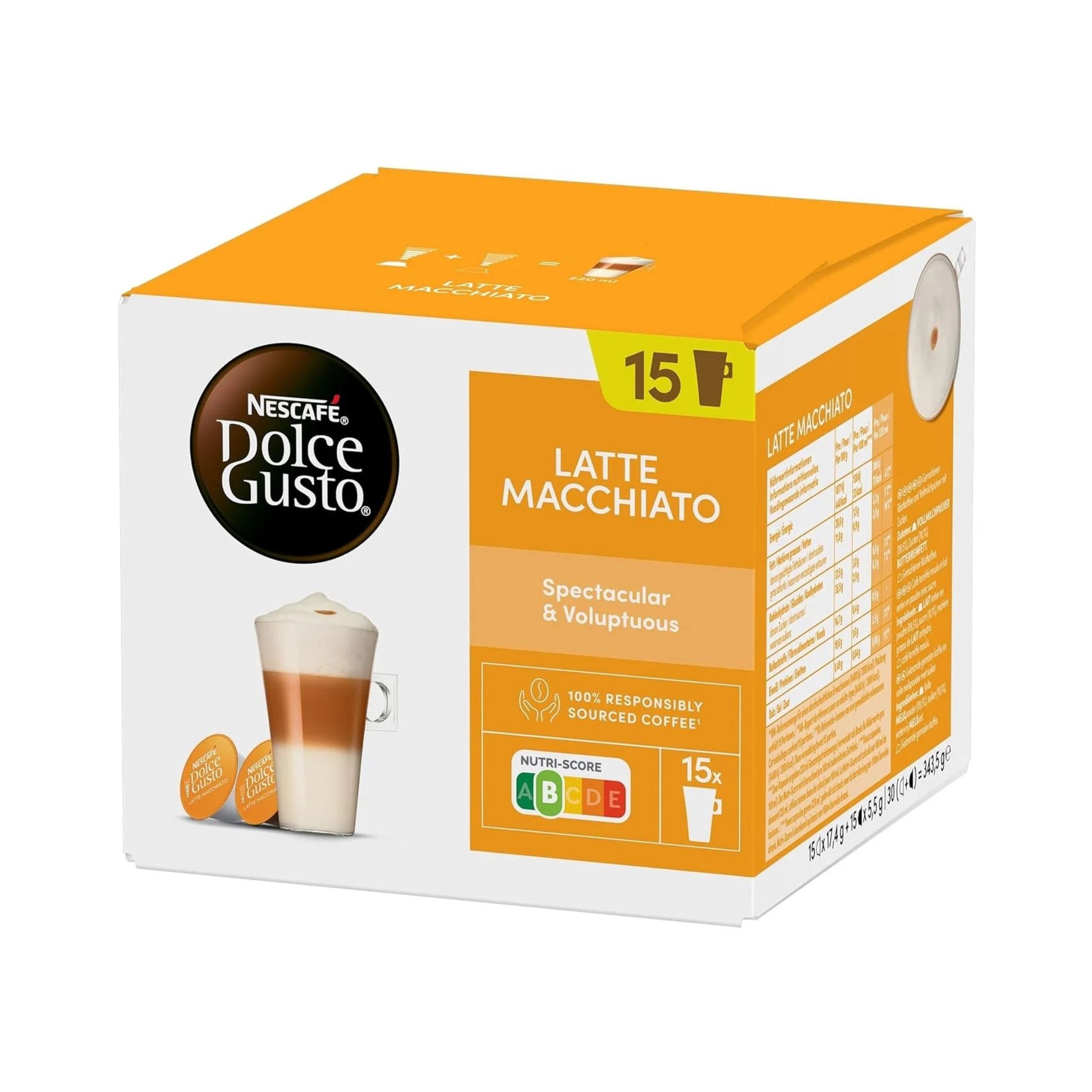 gardenstate NESCAFÉ Dolce Gusto Latte Macchiato XL pack (15 milk + 15 coffee capsules). Three-layer latte with creamy foam and smooth Arabica/Robusta espresso; makes 15 drinks; for Dolce Gusto machines.