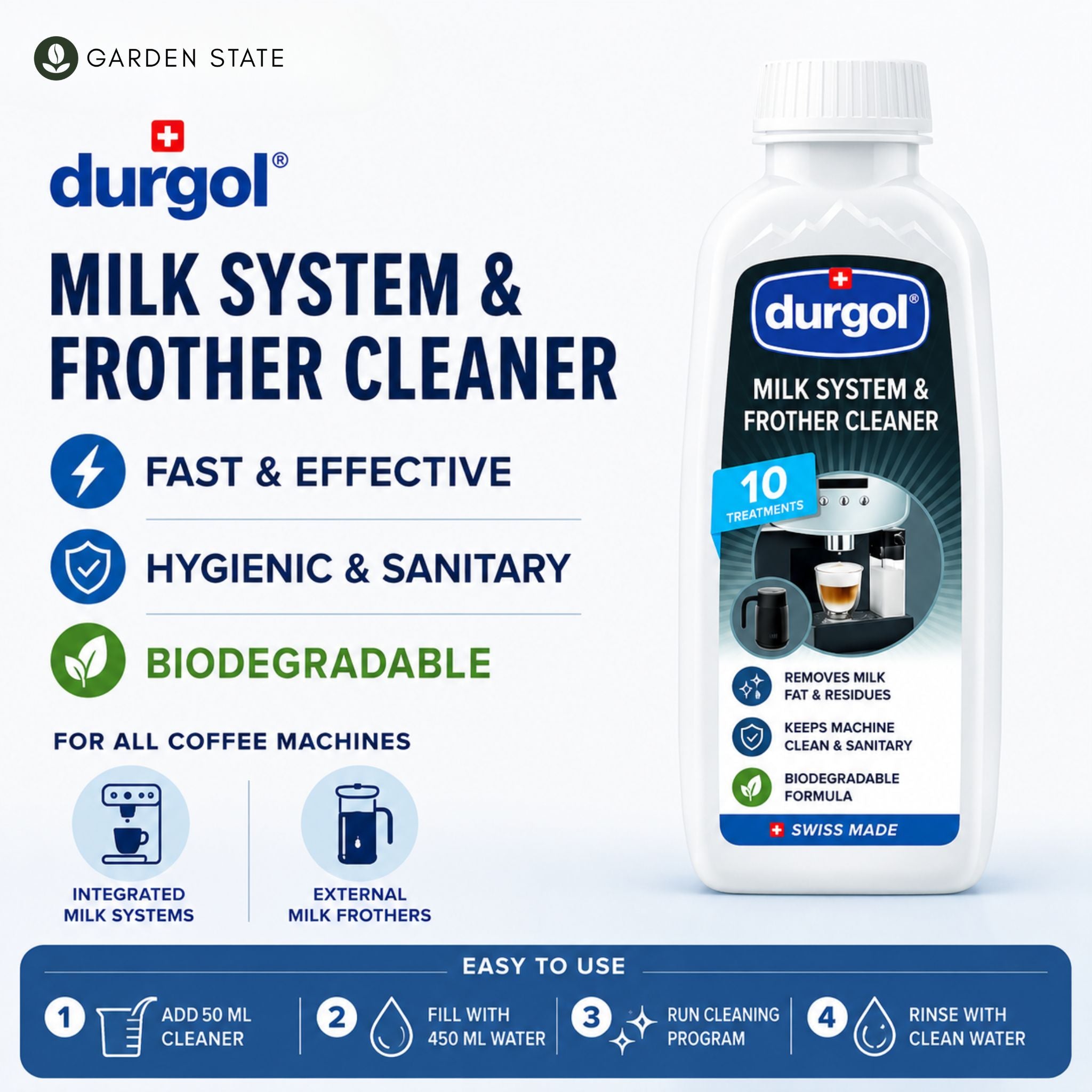 GardenState. Durgol Swiss Milk System and Frother Cleaner – 500ml. Professional-Grade Cleaner for All Coffee Machines, Frothers (Fully and Semi-Automatic coffee machines)