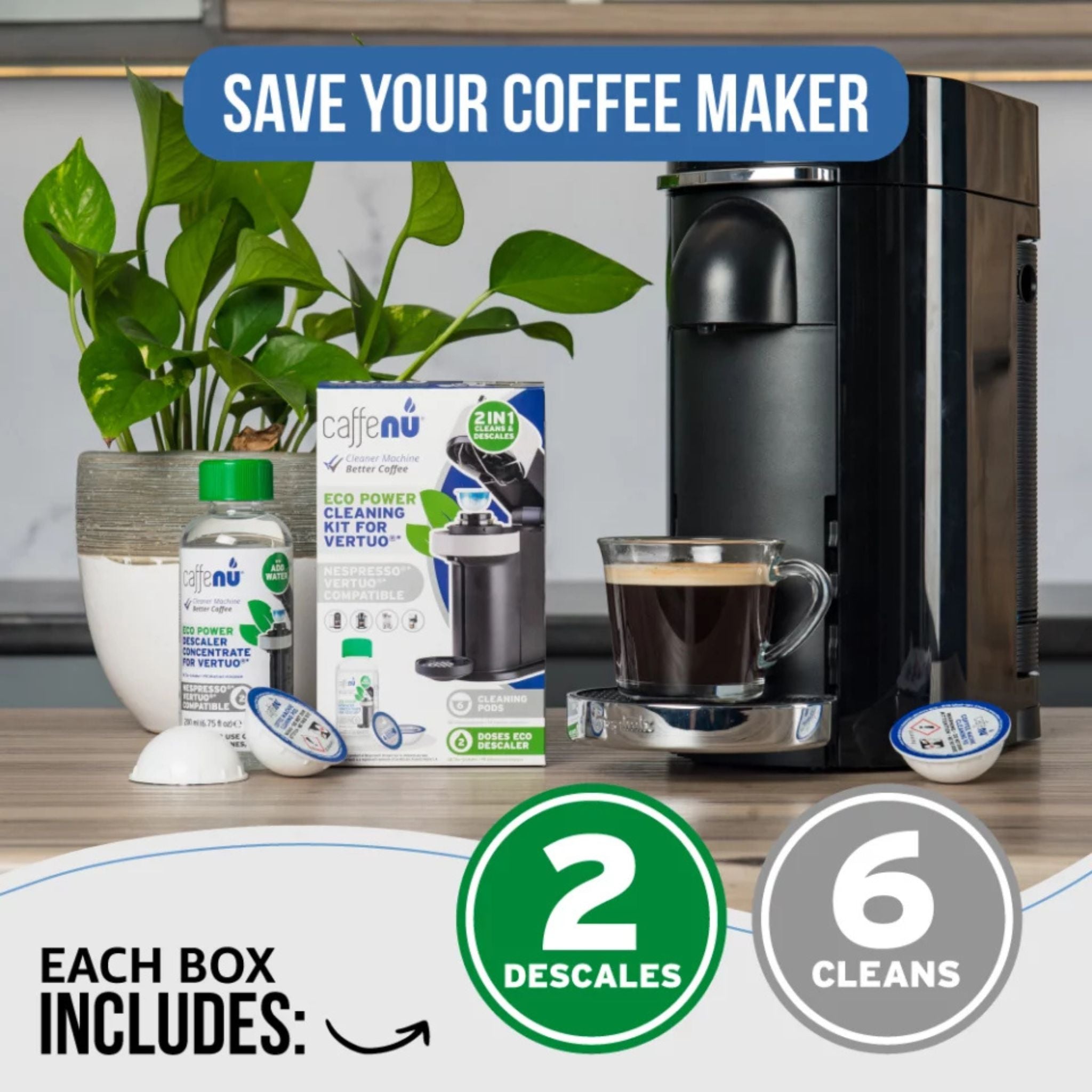 gardenstate Caffenu Nespresso Vertuo descaling & cleaning kit with 2 cleaning pods and 100 ml descaler; removes coffee oils, residue and limescale to keep Vertuo machines clean and coffee tasting fresh.