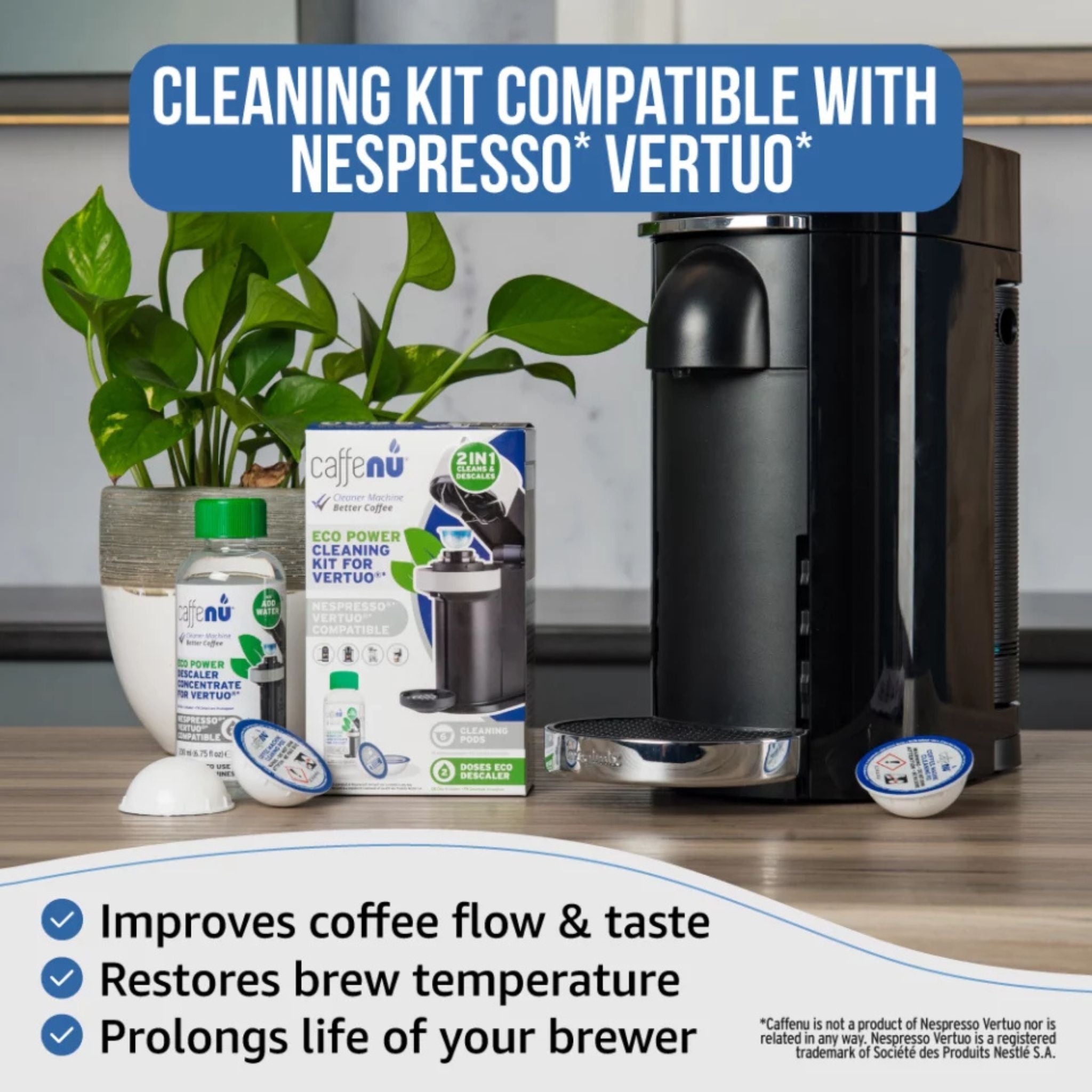 gardenstate Caffenu Nespresso Vertuo descaling & cleaning kit with 2 cleaning pods and 100 ml descaler; removes coffee oils, residue and limescale to keep Vertuo machines clean and coffee tasting fresh.