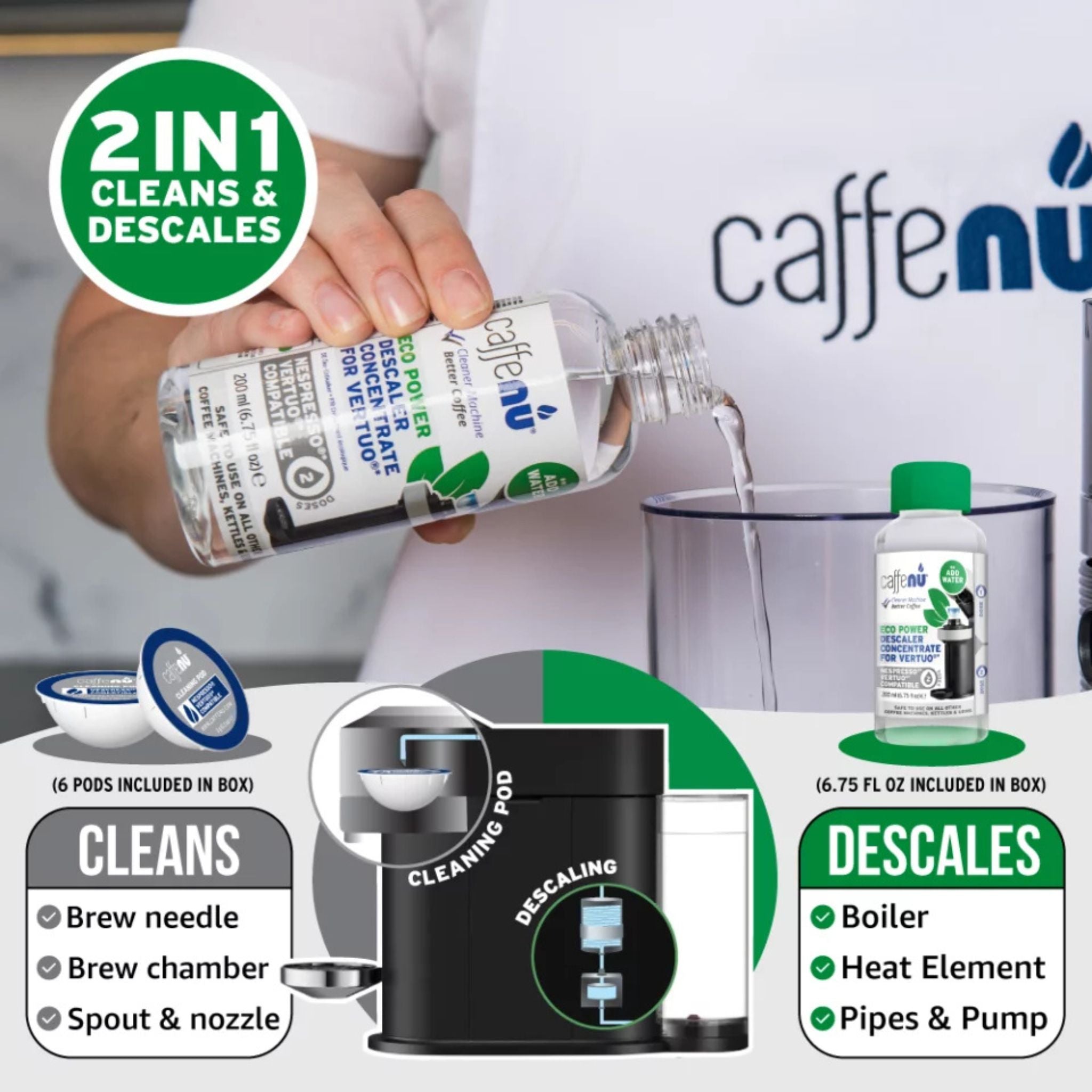 gardenstate Caffenu Nespresso Vertuo descaling & cleaning kit with 2 cleaning pods and 100 ml descaler; removes coffee oils, residue and limescale to keep Vertuo machines clean and coffee tasting fresh.