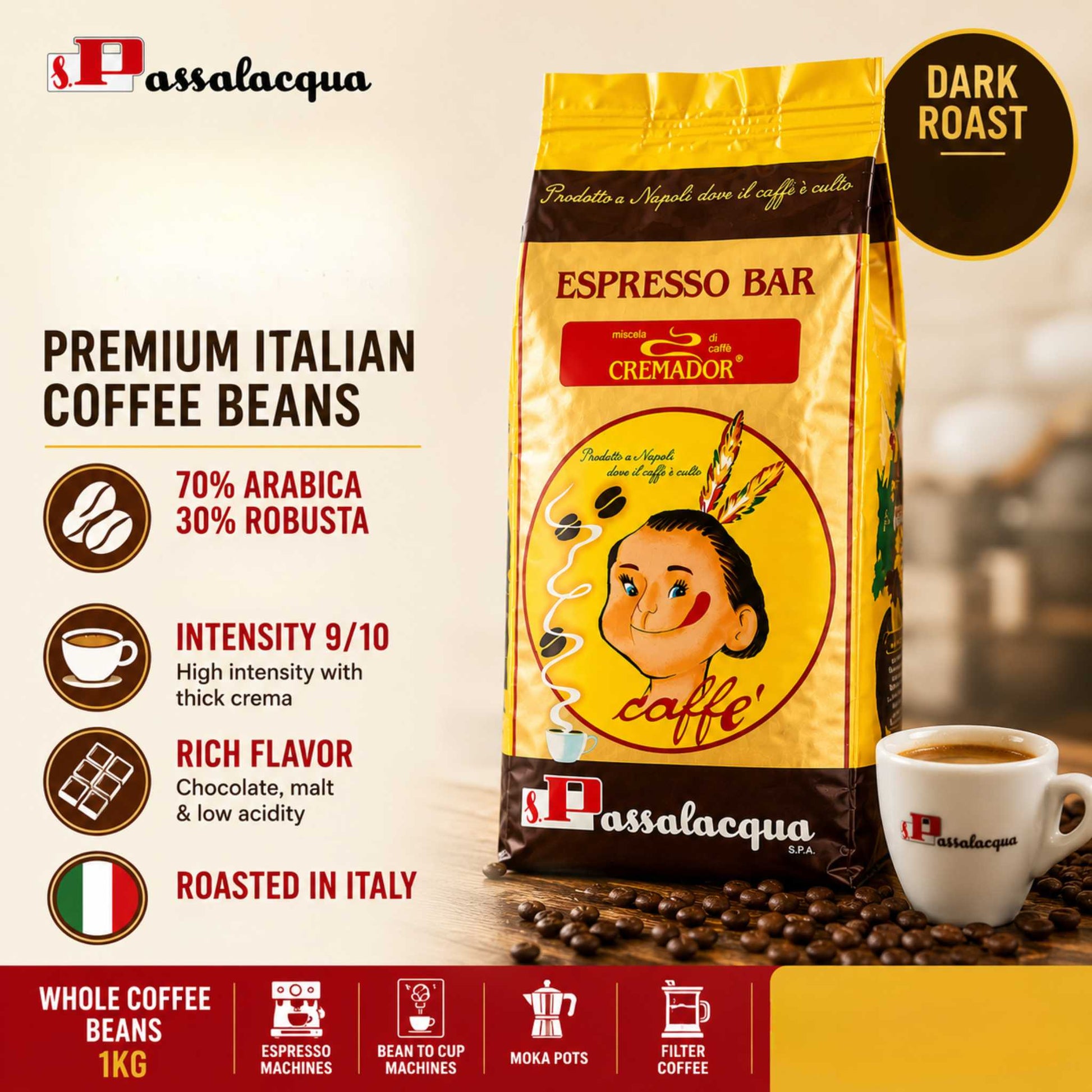 GardenState, 1KG bag of Passalacqua Espresso Bar Cremador whole beans with high intensity, rich chocolate and malty flavour, ideal for espresso, cappuccino, or latte.