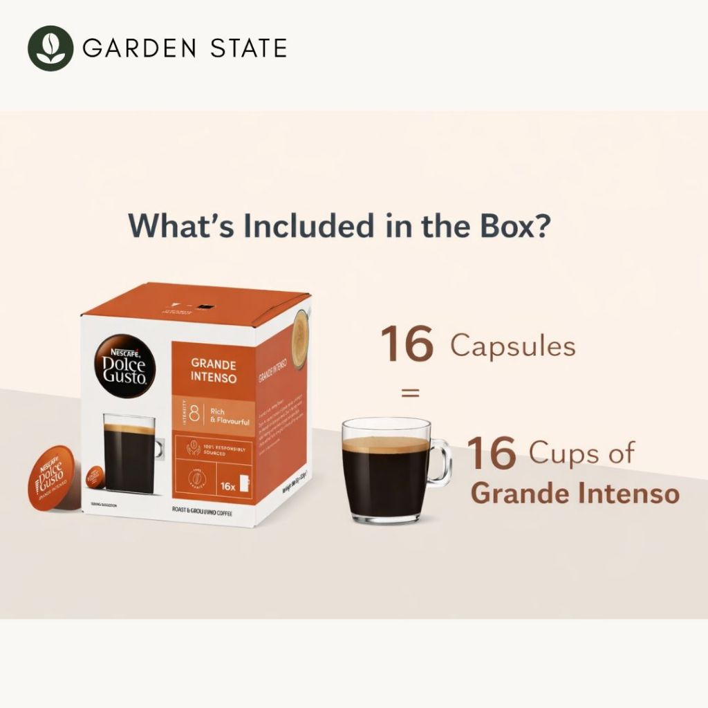 GardenState Nescafe Dolce Gusto Grande Intenso, pack of 16 capsules — dark roast long cup (intensity 9/13), full-bodied with black-cherry notes; compatible with Nescafe Dolce Gusto machines.